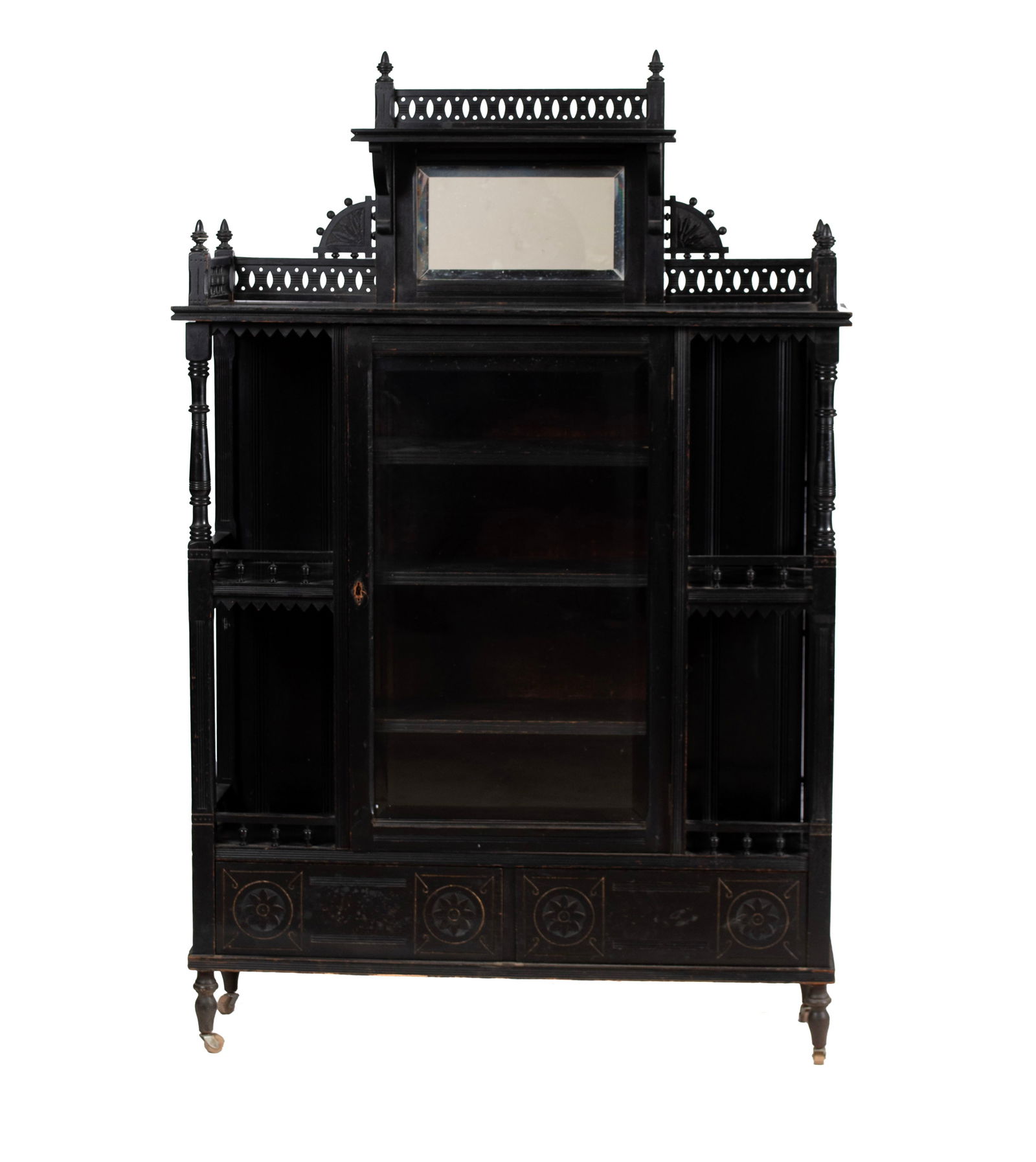 AESTHETIC MOVEMENT ETEGERE: AESTHETIC MOVEMENT ETEGERE American, late 19th century. Open shelf on top with small mirror, set back on the open display surface with gallery surround, all over the pair of glazed doors flanked by