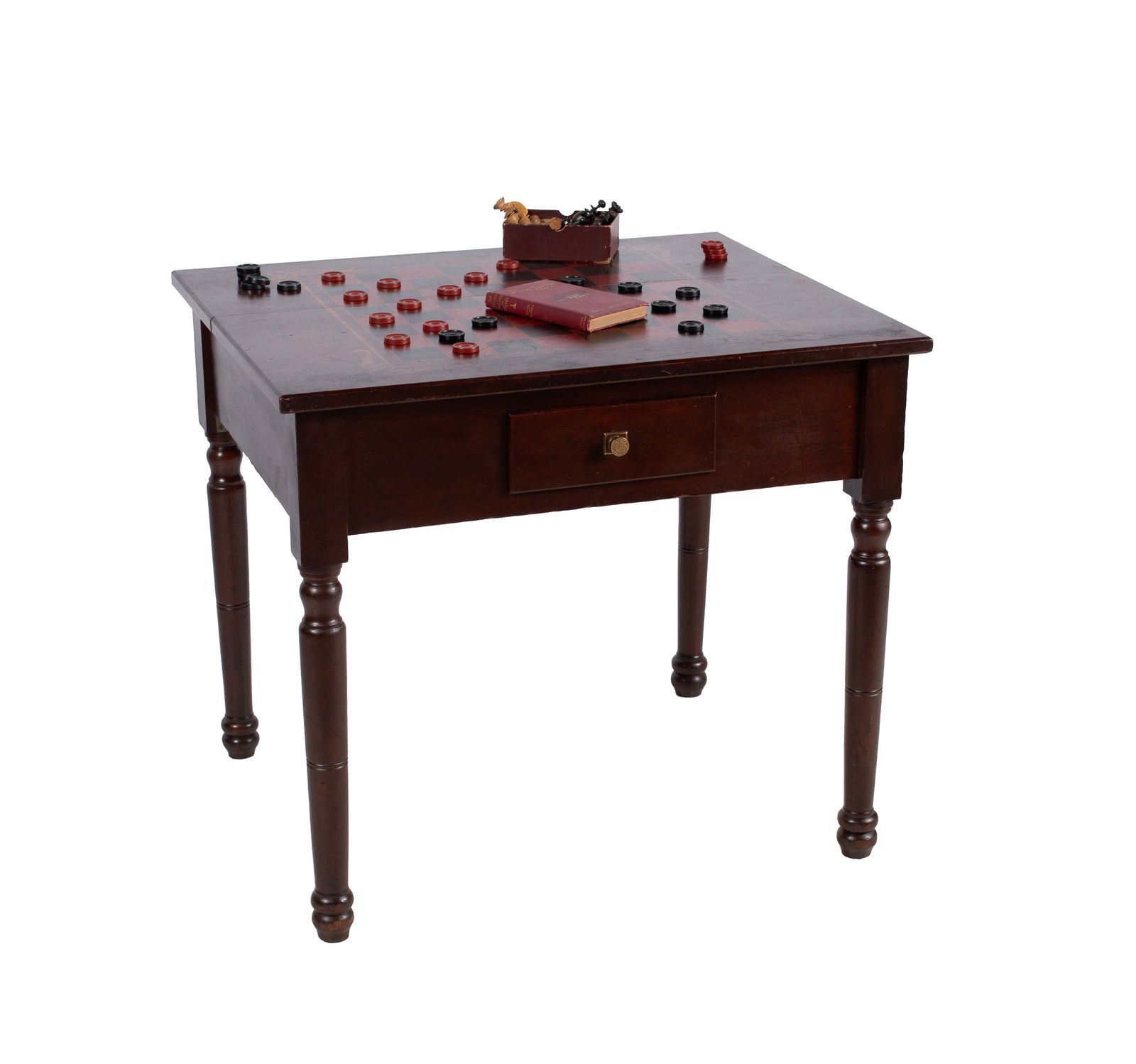PAINTED GAME TABLE: PAINTED GAME TABLE American, 20th century. Game table with painted checkerboard to top, over a single drawer and turned legs. Checker and chess pieces included. 26 1/2 x 30 x 25 in. (67.3 x 76.2 x