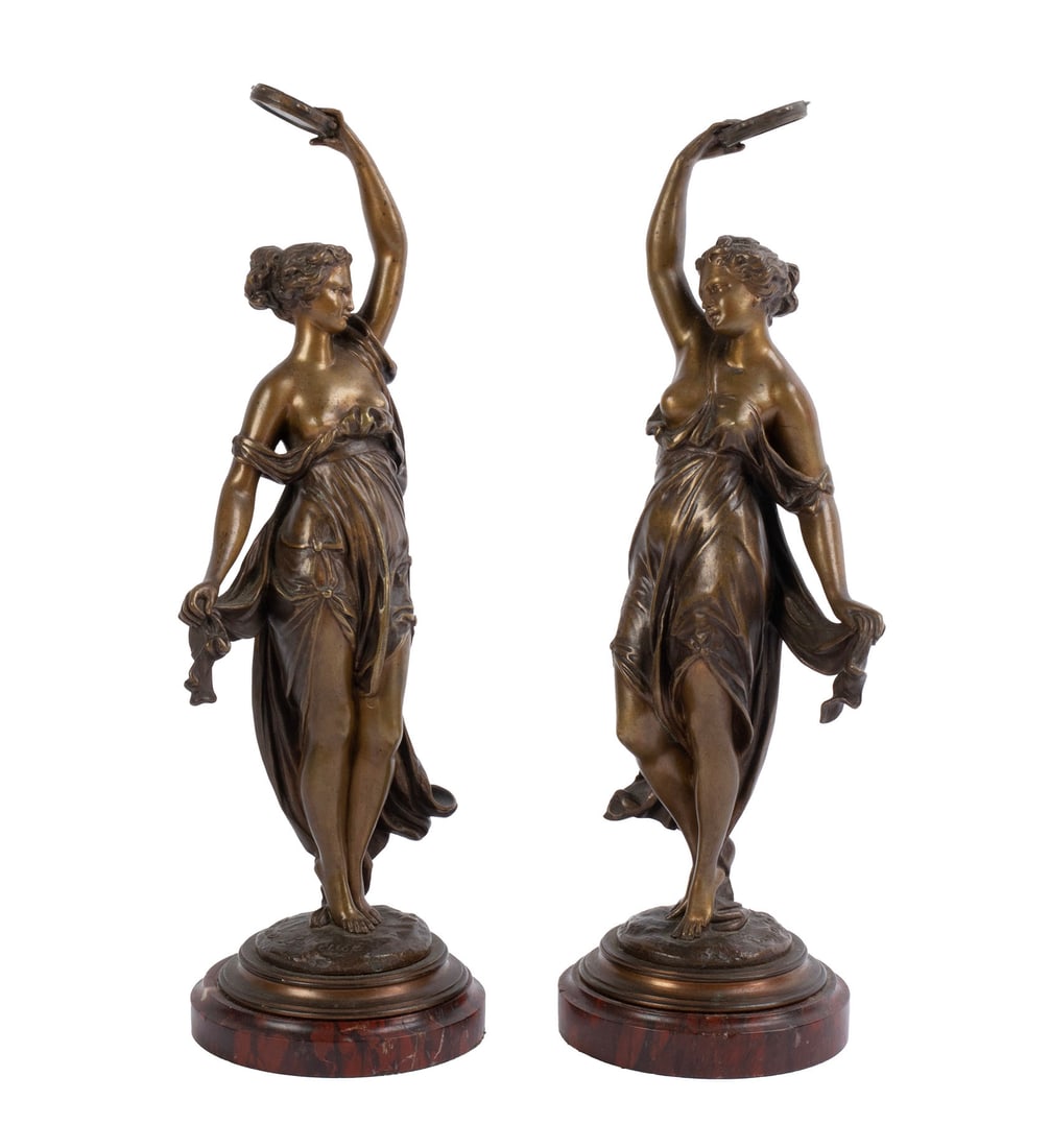 PAIR OF BRONZES AFTER CARRIER-BELLEUSE: PAIR OF BRONZES AFTER CARRIER-BELLEUSE Continental, late 19th/early 20th century, both signed in cast. Pair of tambourine dancers on marble bases. 13 1/2 in. (34.3 cm.)