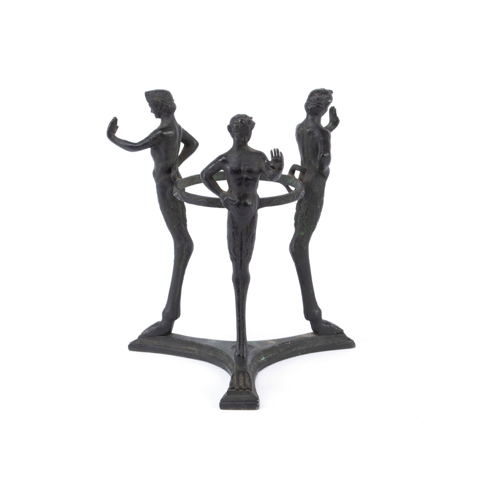 TRI-SATYR BRONZE STAND: TRI-SATYR BRONZE STAND Italian, circa 1900, after a model by Carl August Wilhelm Sommer. Three identical figures supporting the central ring, on the tripod stand, signed to top of base. 7 1/2 x 6 in.