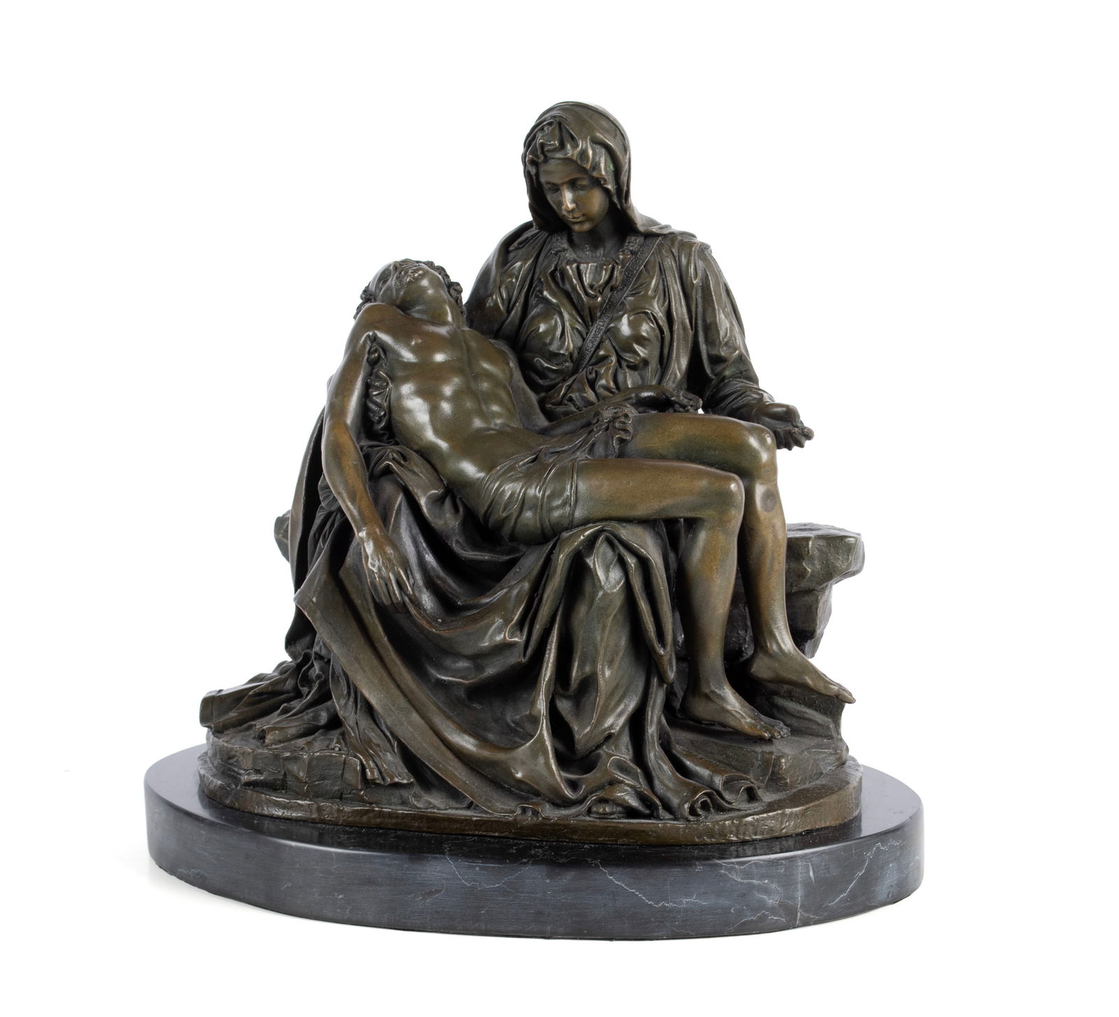 "PIETA" BRONZE AFTER MICHELANGELO: "PIETA" BRONZE AFTER MICHELANGELO 20th century, bronze, signed. Shows the virgin Mary with the body of Jesus after his crucifixion, on marble base. 11 x 11 3/4 x 7 3/4 in. (27.9 x 29.8 x 19.7 cm.)
