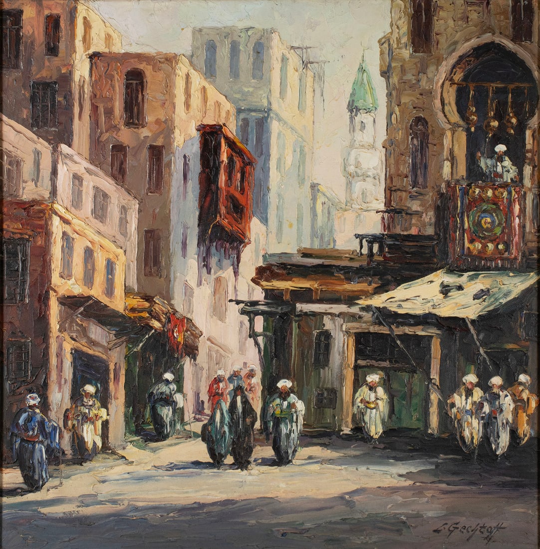 LEONID GECHTOFF (AMERICAN, 1883-1941): Leonid Gechtoff American, 1883-1941 The Muezzin Call Oil on board Signed lower right, titled on verso. Middle Eastern street scene, framed. 34 1/2 x 34 1/2 in. (87.6 x 87.6 cm.), Frame: 40 3/4 x 40
