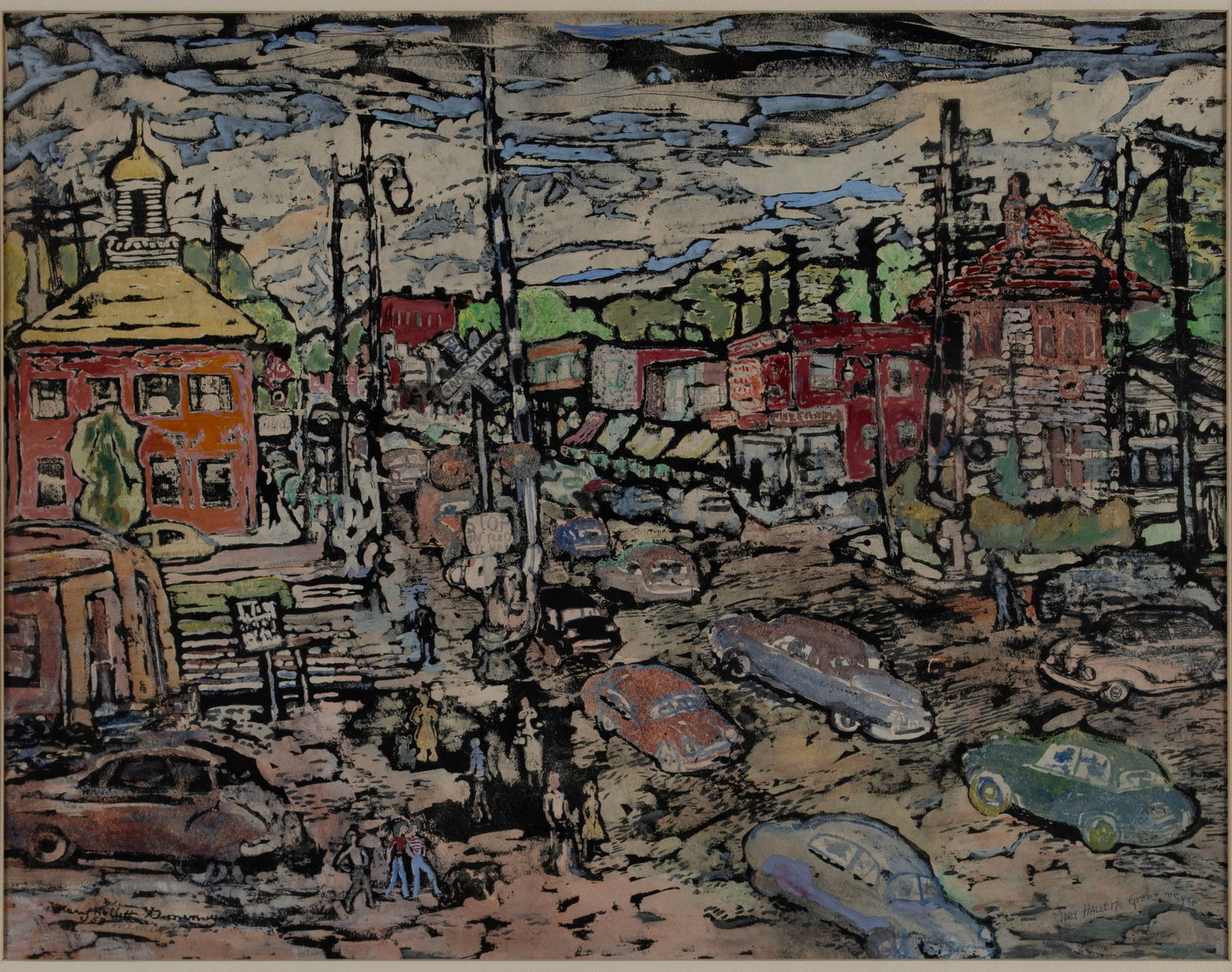 MARY HALLETT GRONEMEYER (AMERICAN (ST. LOUIS), 1893-1985): Mary Hallett Gronemeyer American (St. Louis), 1893-1985 Mixed media on paper Signed three times, lower left and right. Kirkwood cityscape, framed. Sight: 18 x 23 in. (45.7 x 58.4 cm.), Frame: 27 1/4