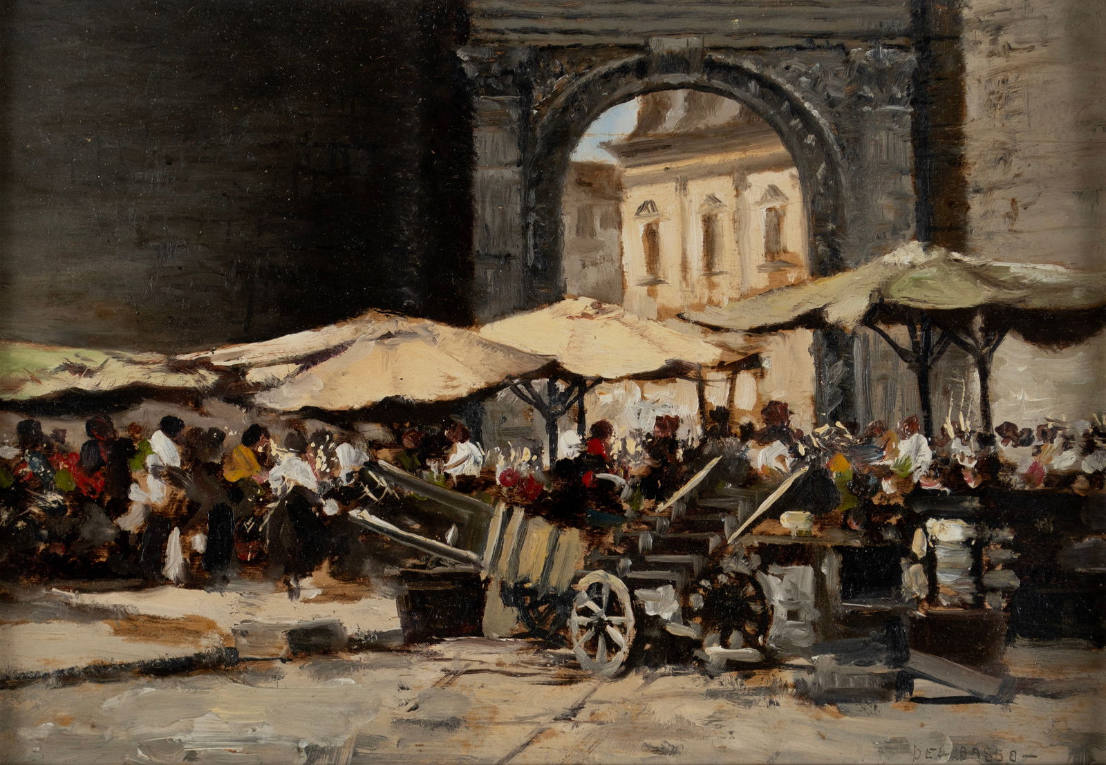FERDINANDO DEL BASSO (ITALIAN, 1887-1971): Ferdinando del Basso Italian, 1887-1971 Oil on board Signed lower right. European market scene, framed. 5 1/2 x 8 1/2 in. (14 x 21.6 cm.), Frame: 13 x 15 1/2 in. (33 x 39.4 cm.)