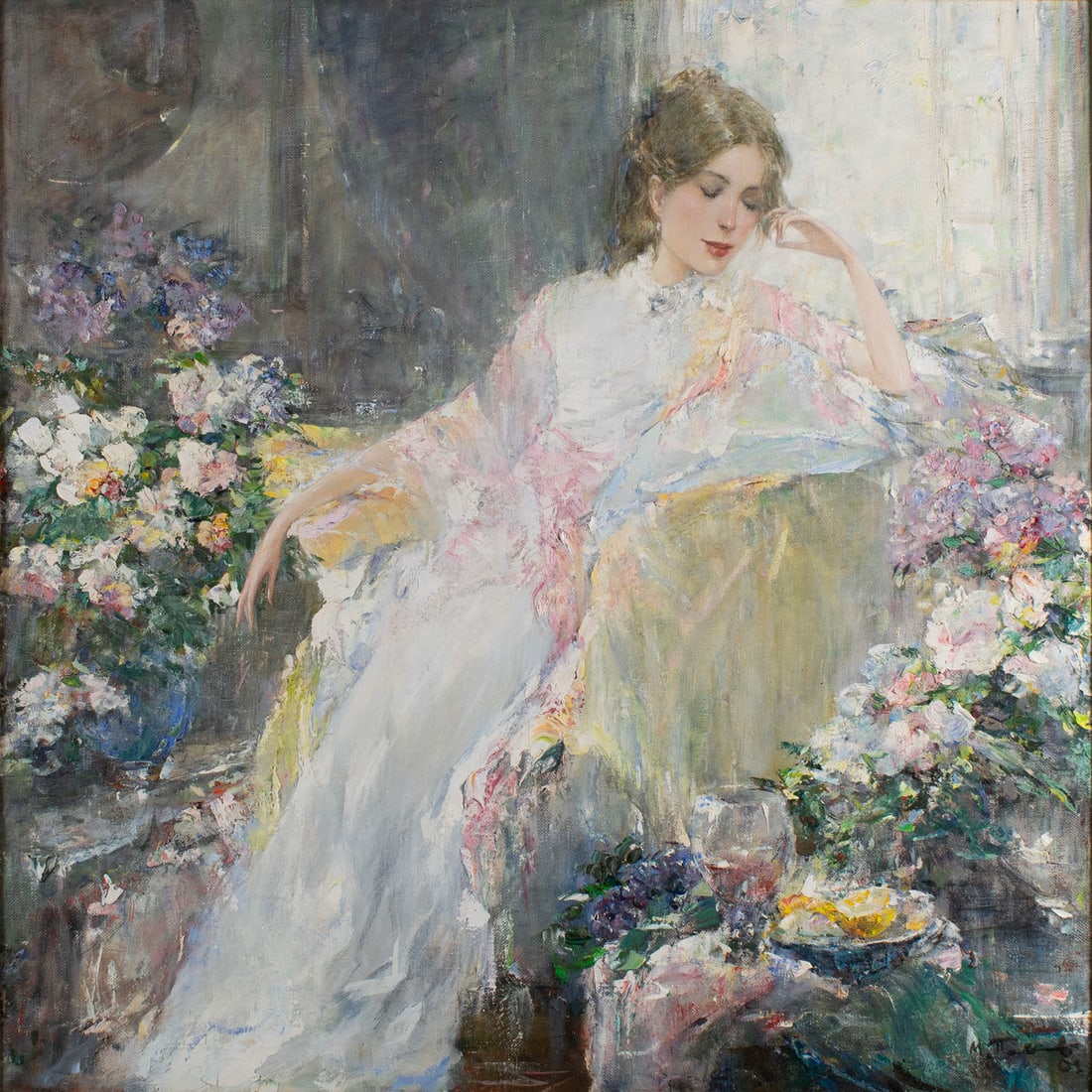 MSTISLAV (MISTI) PAVLOV (RUSSIAN, B. 1967): Mstislav (Misti) Pavlov Russian, b. 1967 Dreams Oil on canvas Signed and dated '01 to lower right. A pensive woman sits surrounded by flowers, framed. 42 x 42 in. (106.7 x 106.7 cm.), Frame: 48 x 48