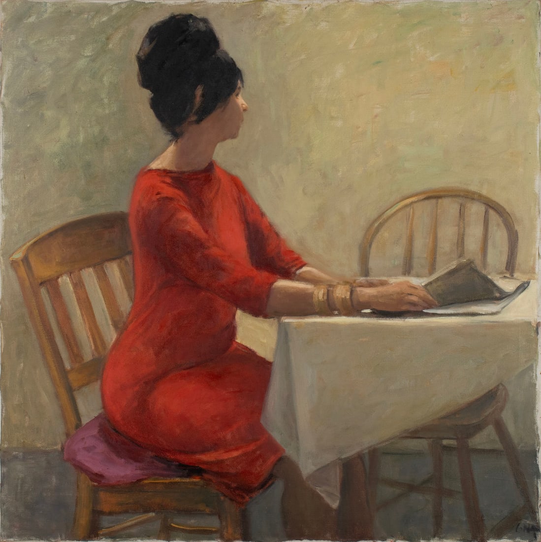 VIRGINIA 'TITO' GAY (AMERICAN (ST. LOUIS), 1932-2024): Virginia 'Tito' Gay American (St. Louis), 1932-2024 Waiting in Red Oil on canvas Signed lower right. Portrait of a seated woman in red, unframed. 34 x 34 in. (86.4 x 86.4 cm.)