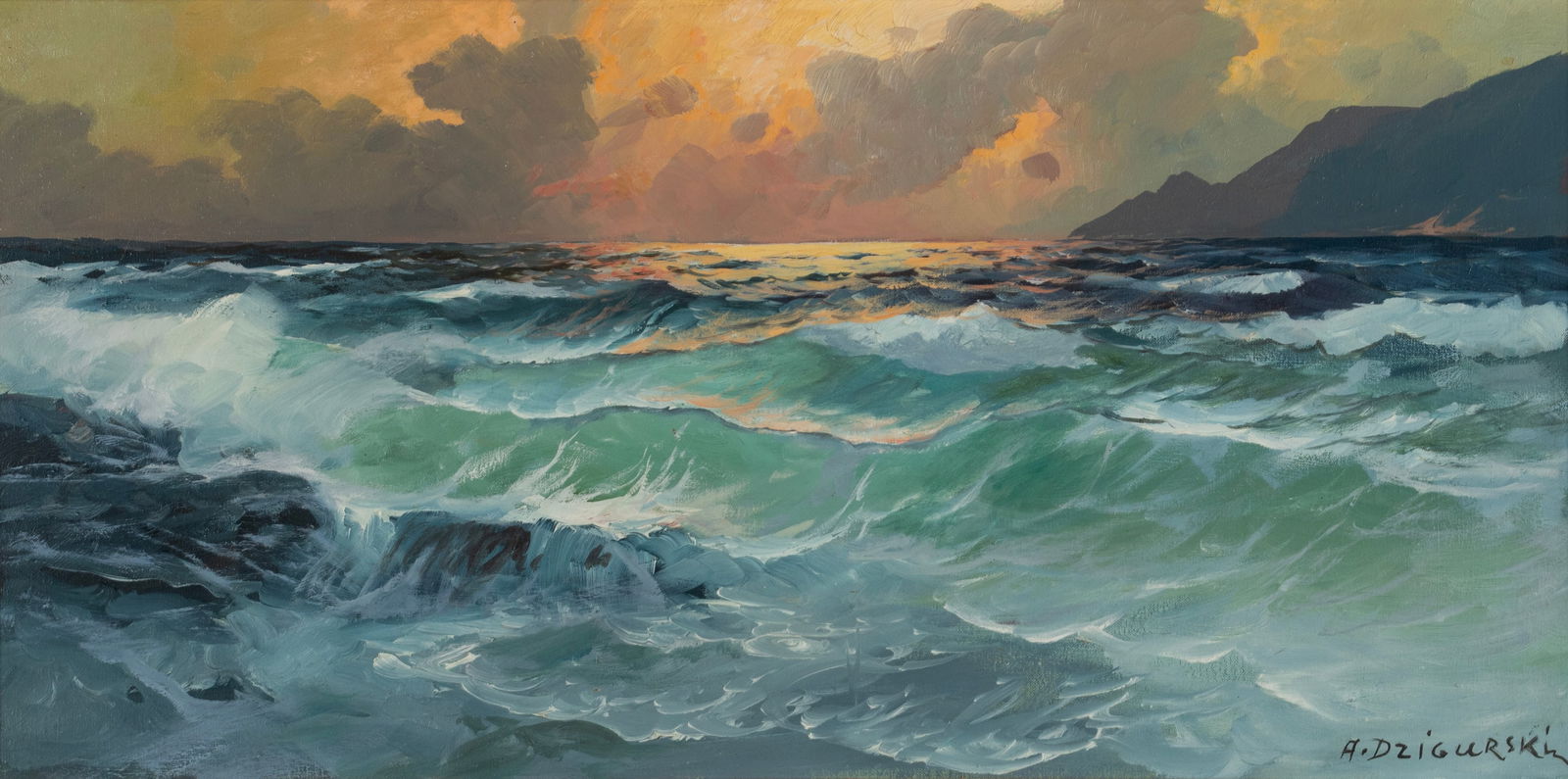 ALEXANDER DZIGURSKI (AMERICAN, 1911-1995): Alexander Dzigurski American, 1911-1995 Oil on canvas Signed lower right, with copyright stamp to back of canvas. Sunset over ocean waves, framed. 15 x 30 in. (38.1 x 76.2 cm.), Frame: 21 x 36 1/2