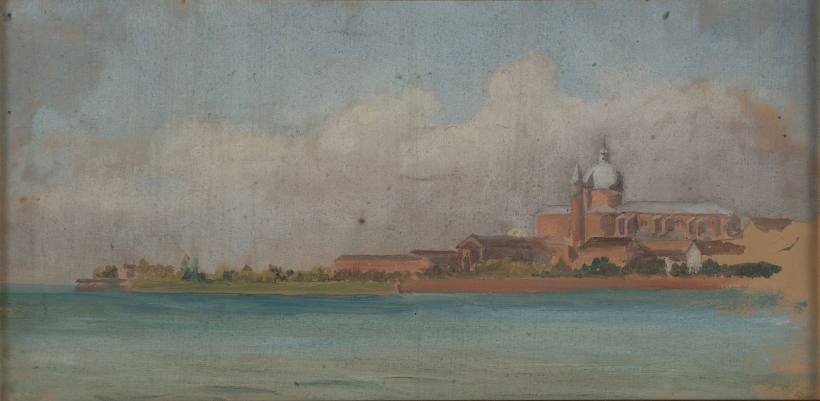 CONTINENTAL COASTAL SCENE: CONTINENTAL COASTAL SCENE Unsigned, oil on paper. View of a church and village on the coast, matted and framed. Sight: 5 1/4 x 10 1/4 in. (13.3 x 26 cm.), Frame: 18 1/2 x 24 1/2 in. (47 x 62.2 cm.)