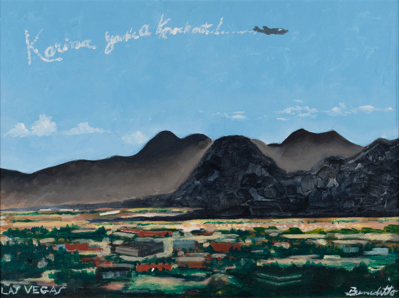 TONY DOMINICK BENEDETTO BENNETT (AMERICAN, 1926-2023): Tony Dominick Benedetto Bennett American, 1926-2023 Las Vegas Oil on board Signed Benedetto lower right and titled lower left. View of Las Vegas against the distant grey mountains, an airplane flying
