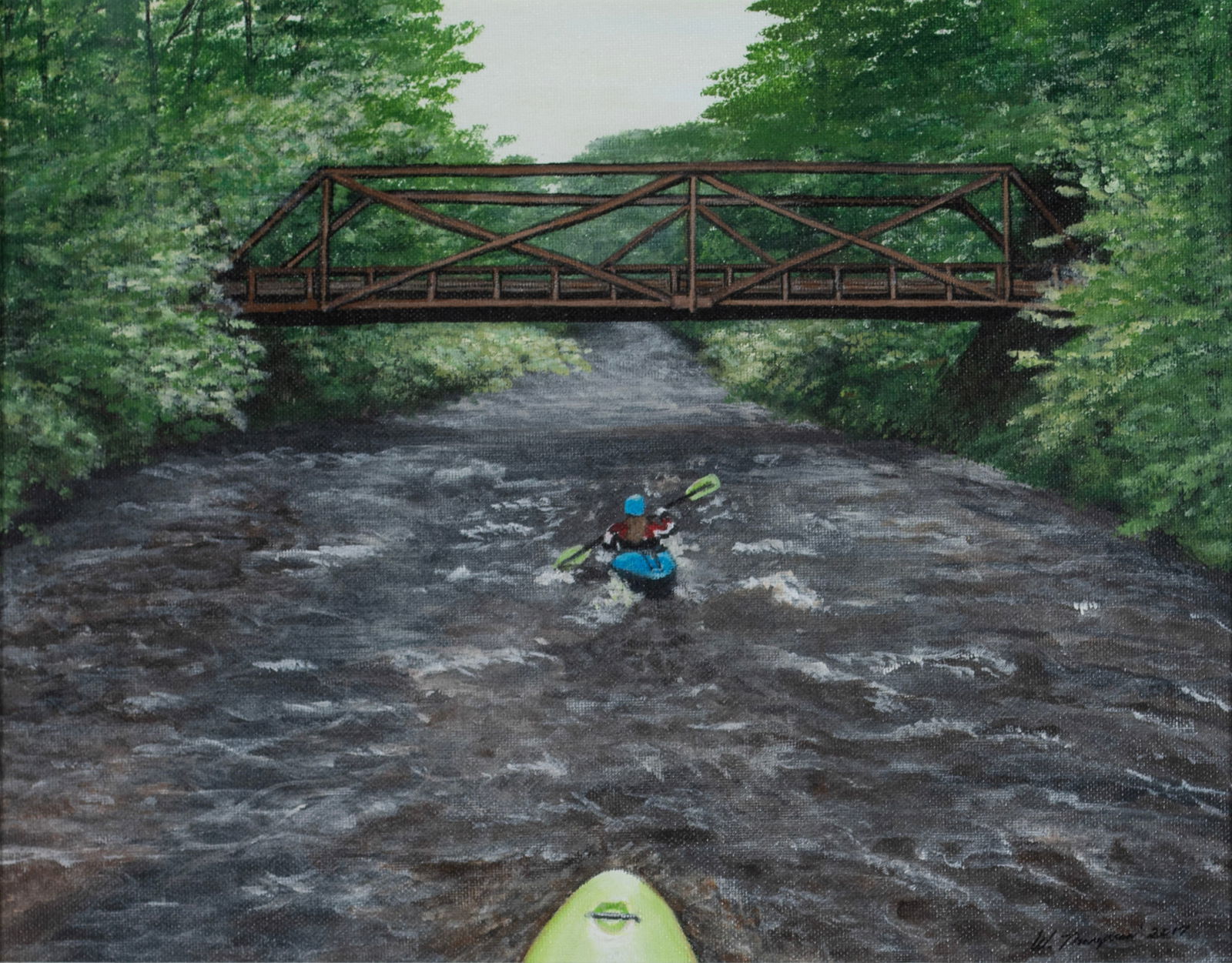 WENDY THOMPSON (AMERICAN, 20TH/21ST C.): Wendy Thompson American, 20th/21st c. Nantahala Freeway 2017 Oil on canvasboard Signed lower right, also signed and titled on mat. River landscape with bridge painted from the view of a kayak, matted