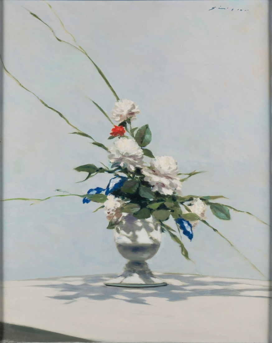ANDRE GISSON (AMERICAN, 1921-2003): Andre GissonAmerican, 1921-2003Oil on canvasSigned upper right. Still life vase with white flowers, framed.30 x 24 in. (76.2 x 61 cm.), Frame: 38 x 32 in. (96.5 x 81.3 cm.)