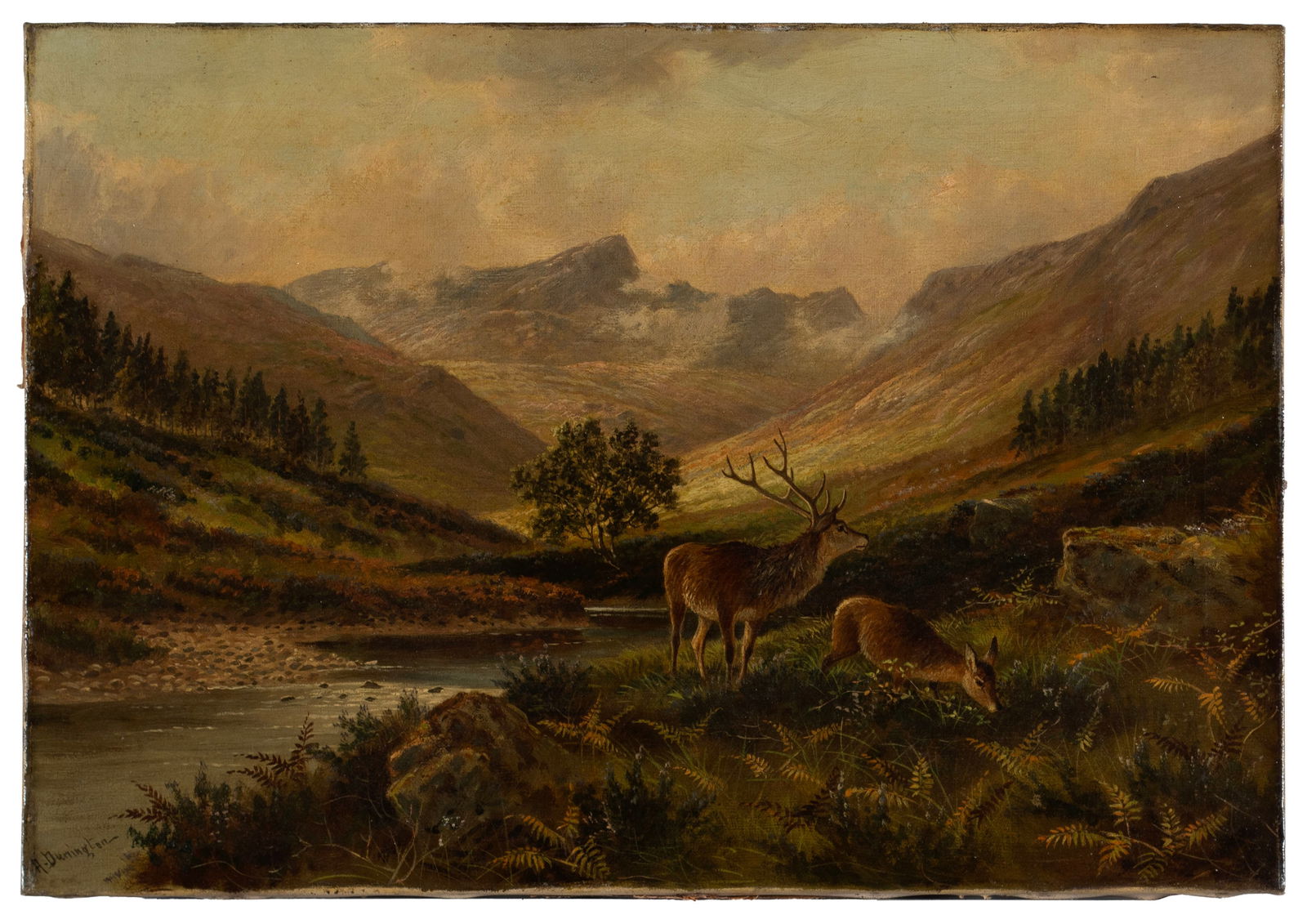 ALBERT DUNINGTON (BRITISH, 1860-1928): Albert Dunington British, 1860-1928 Glen Rosa, Arran Oil on canvas Signed lower left, titled on verso with inscription dated 1904. Vast landscape with two deer in the foreground, unframed. 16 x 24