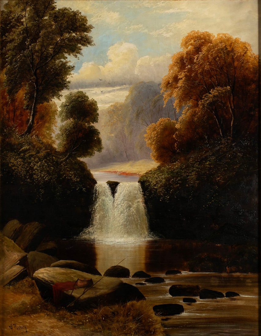 CHARLES PASSEY (BRITISH, 19TH C.): Charles Passey British, 19th c. Oil on canvas Signed lower left. Waterfall in a forest landscape, framed. 35 1/4 x 27 1/2 in. (89.5 x 69.9 cm.), Frame: 42 x 34 in. (106.7 x 86.4 cm.)