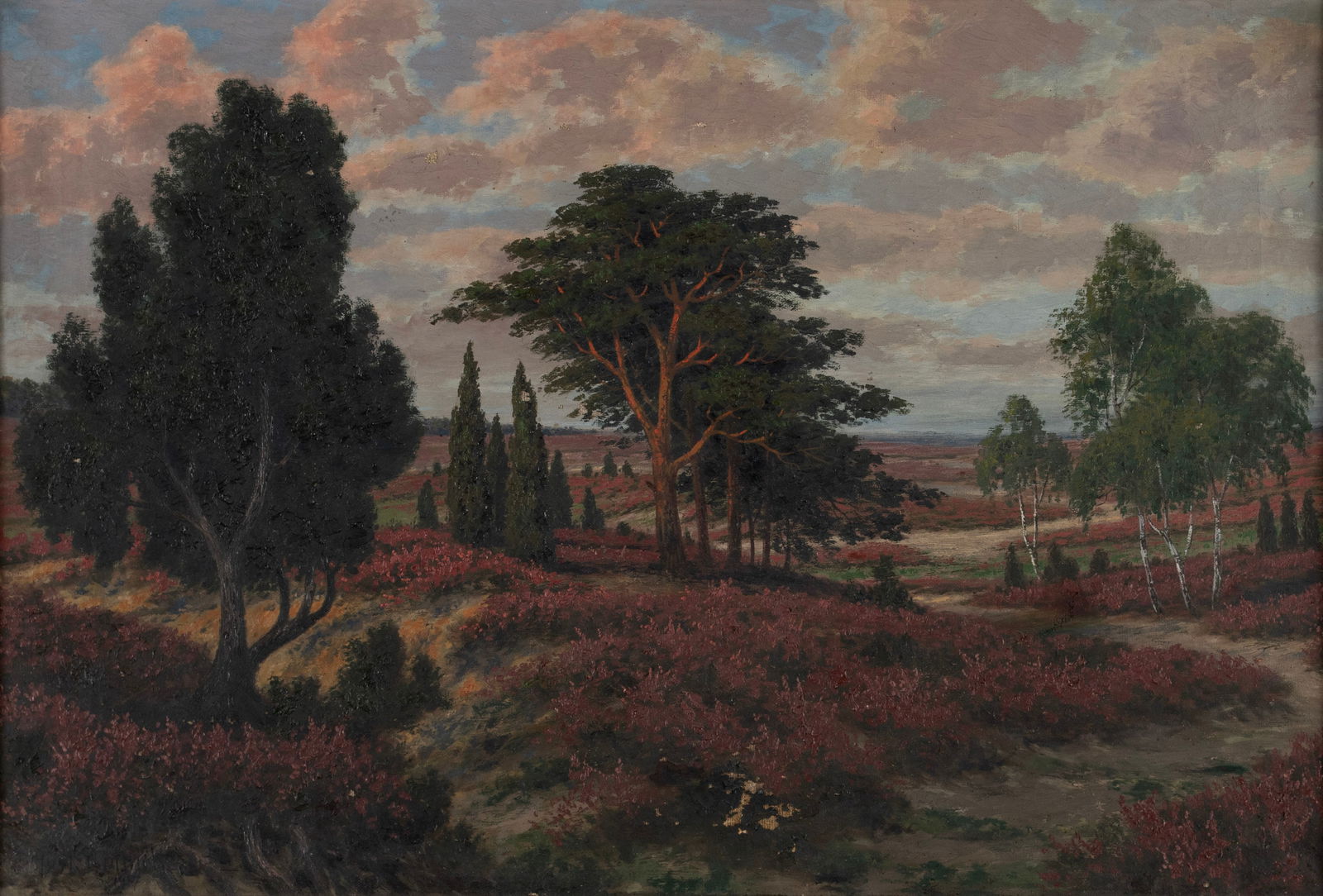 GUSTAV REINICKE (GERMAN, LATE 19TH/EARLY 20TH C.): Gustav Reinicke German, Late 19th/early 20th c. Oil on canvas Signed and dated 1917 lower left. Trees with large patches of red flowers, losses to the paint, framed. 21 1/2 x 31 1/2 in. (54.6 x 80