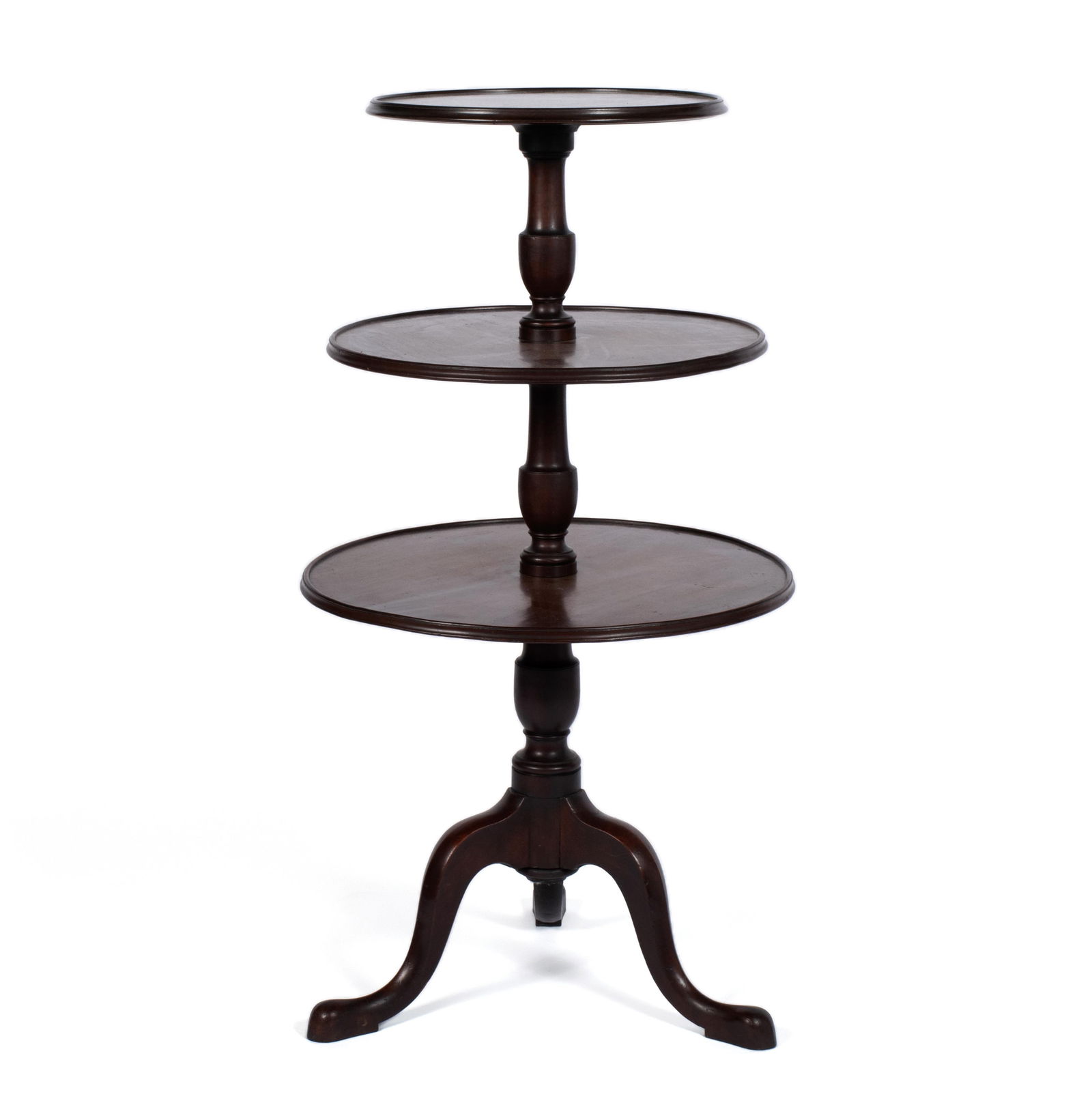 GEORGIAN STYLE MAHOGANY DUMBWAITER: GEORGIAN STYLE MAHOGANY DUMBWAITER 20th century. Three graduated dished surfaces with vasiform supports, the tripod base with slipper feet. 43 x 24 x 24 in. (109.2 x 61 x 61 cm.)