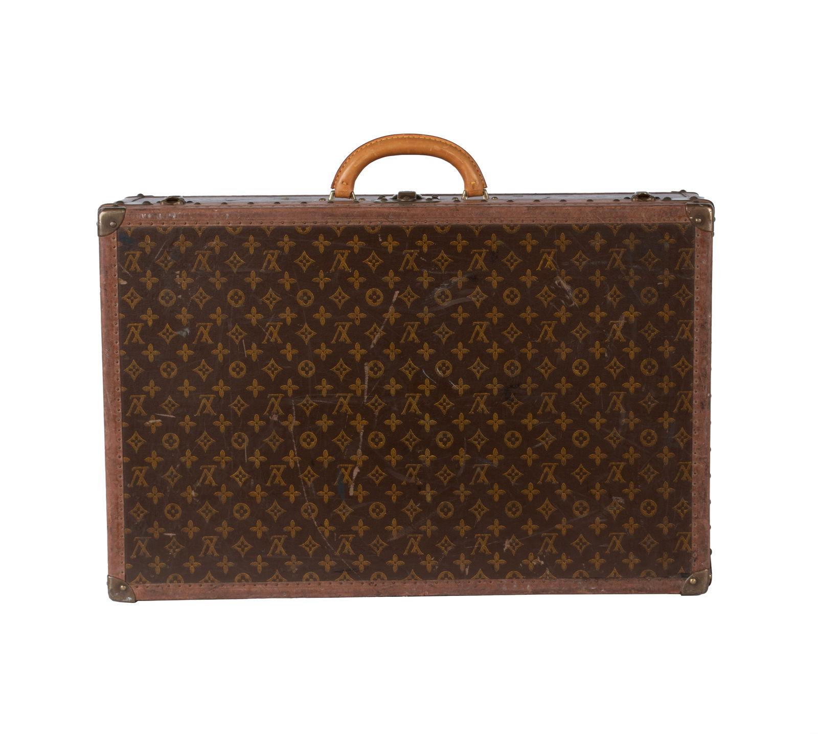 DESIGNER STYLE SUITCASE: DESIGNER STYLE SUITCASE 20th century. Canvas and leather suitcase with brass mounts and linen interior. Spurious labels/marks to interior and brass. 8 1/2 x 16 x 23 3/4 in. (21.6 x 40.6 x 60.3 cm.)