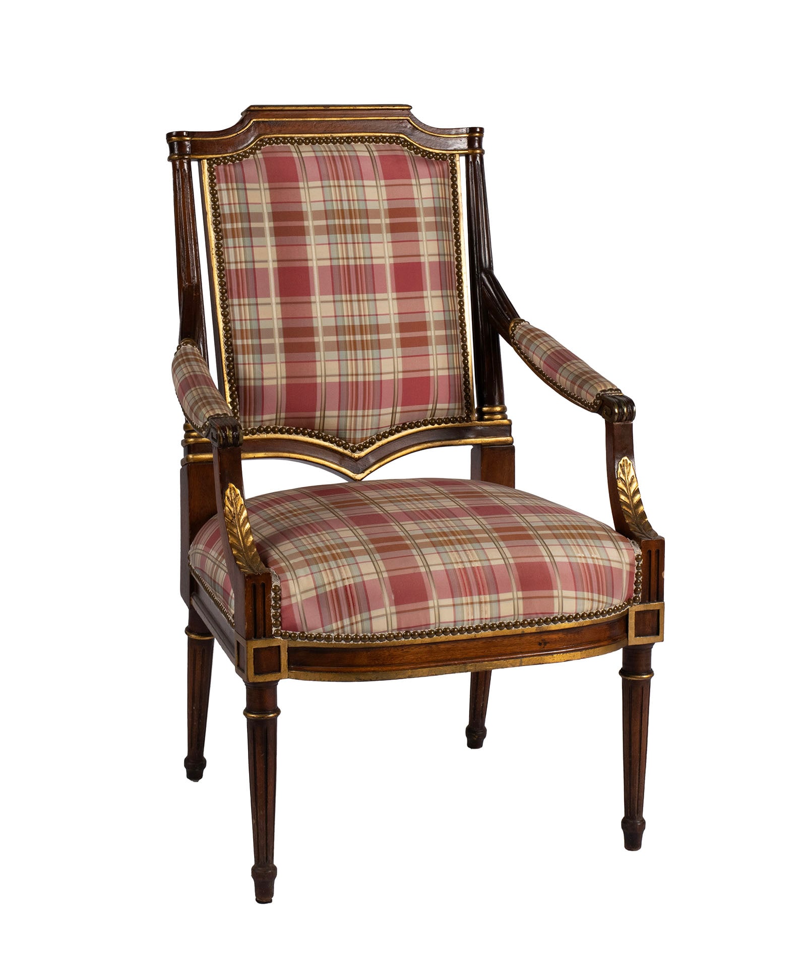 LOUIS XVI STYLE OPEN ARMCHAIR WITH SILK UPHOLSTERY: LOUIS XVI STYLE OPEN ARMCHAIR WITH SILK UPHOLSTERY 20th century. Padded back, seat and armrests covered in silk upholstery, to the gilt highlighted frame on tapering reeded legs. 41 x 25 x 27 in.