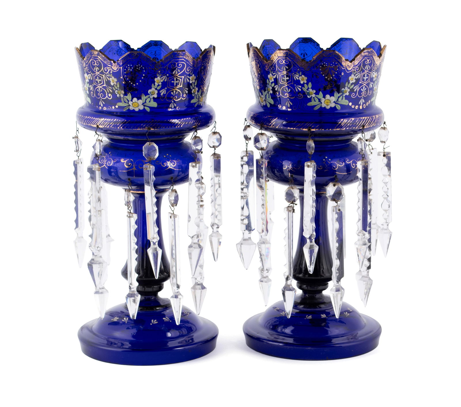 PAIR OF COBALT GLASS MANTEL LUSTERS (1 of 10)