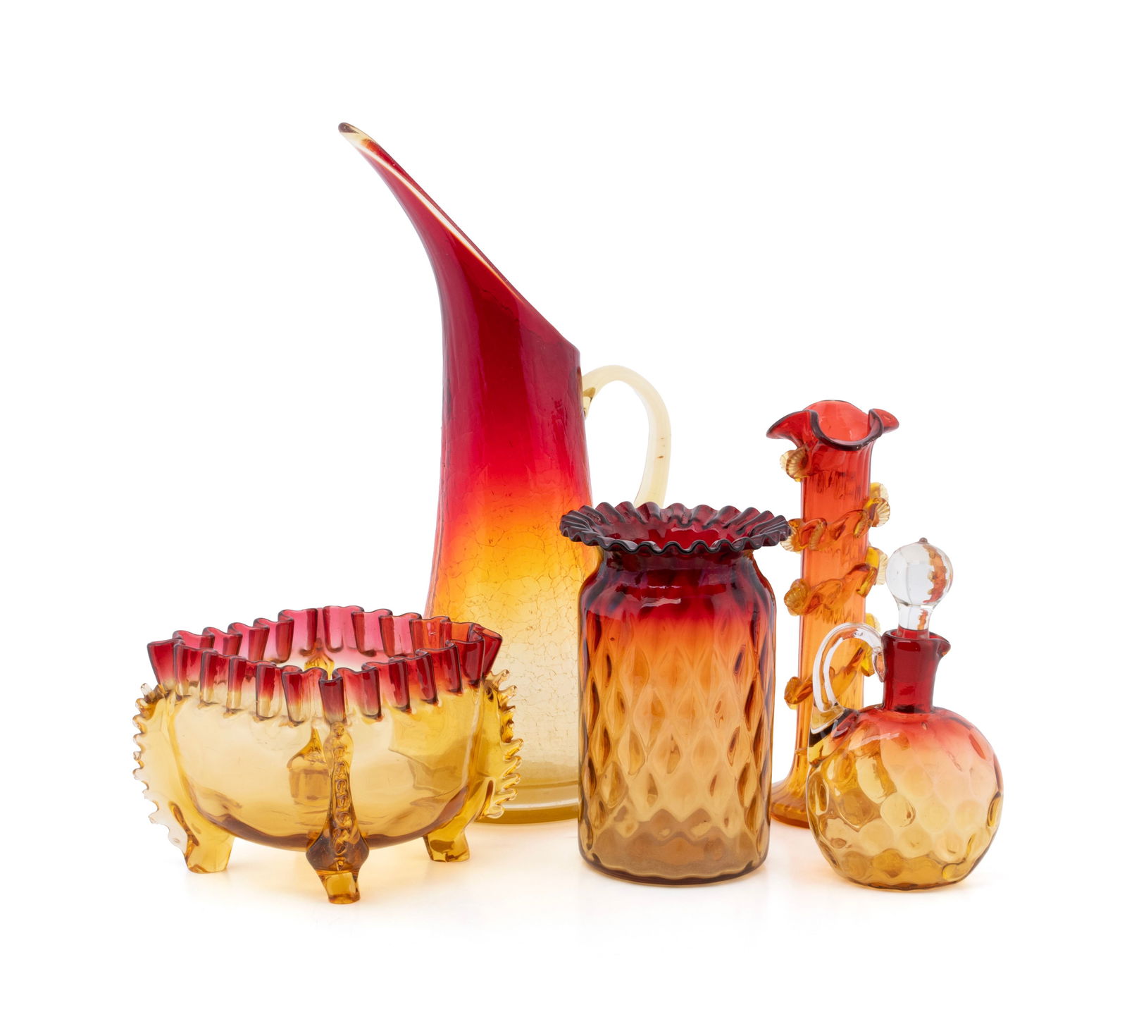 COLLECTION OF AMBERINA GLASS: COLLECTION OF AMBERINA GLASS American, 19th century. Pitcher with crackle finish, stoppered cruet with thumb print design and clear handle and three assorted vases with ruffled rims and two of those