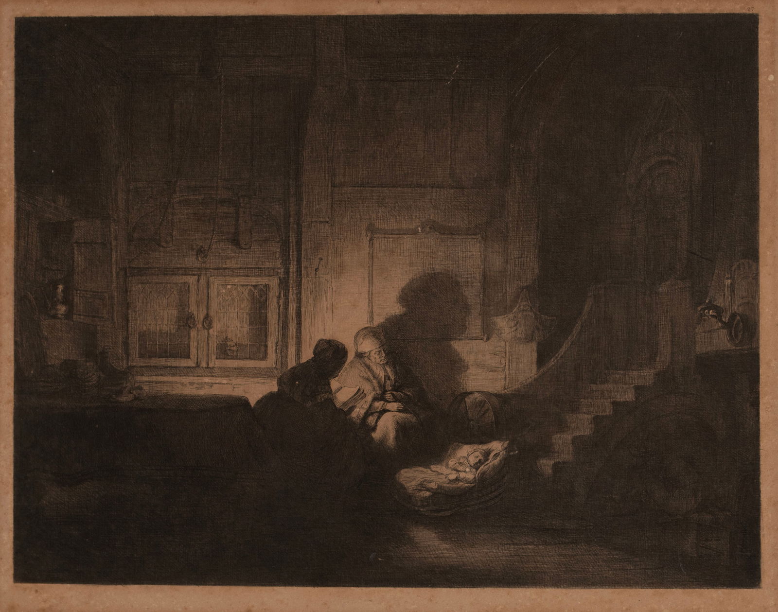 CIRCLE OF REMBRANDT ETCHING, "THE HOLY FAMILY AT NIGHT": CIRCLE OF REMBRANDT ETCHING, "THE HOLY FAMILY AT NIGHT" Continental, 19th century, etching. Candle lit Dutch Interior, The Virgin Mary and St. Anne seated beside child Christ laying in cradle with