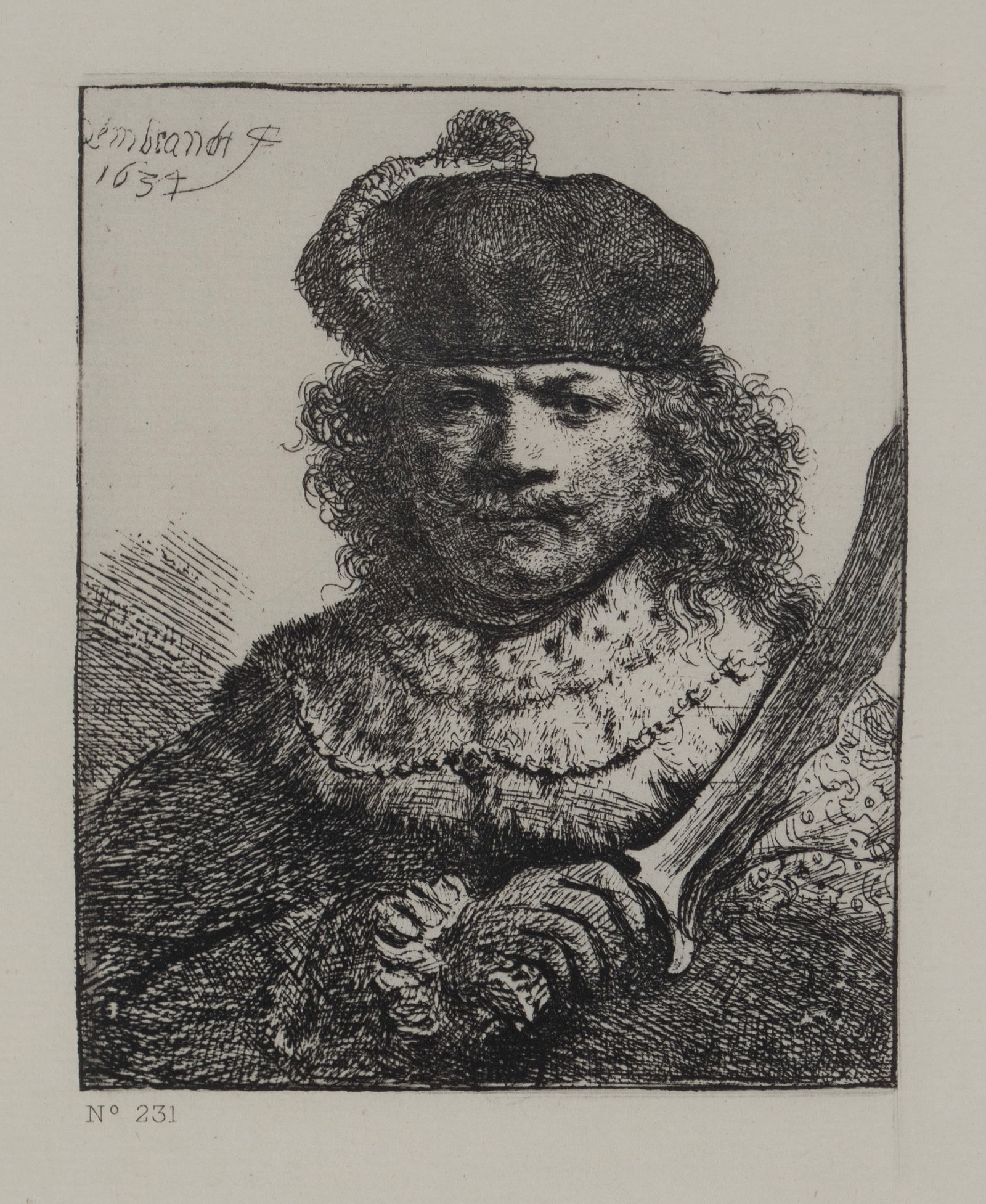 AFTER REMBRANDT VAN RIJN: AFTER REMBRANDT VAN RIJN 'Self Portrait with Raised Sabre', late 19th century. Self-portrait etching, numbered 231 lower left, framed. Impression: 7 1/4 x 5 1/2 in. (18.4 x 14 cm.), Frame: 19 1/4 x