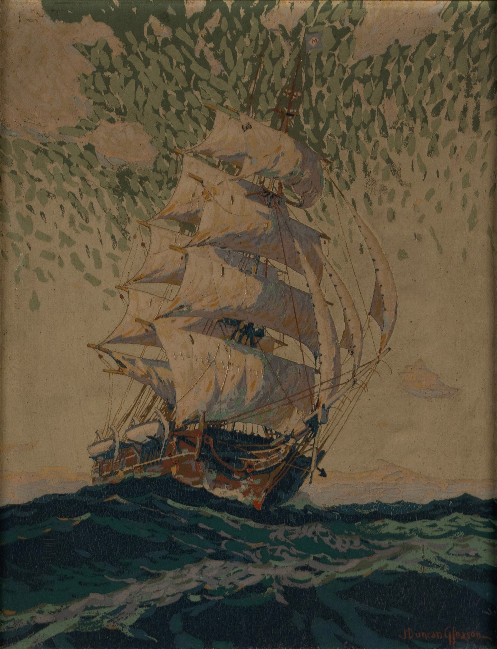 JOE DUNCAN GLEASON (AMERICAN, 1881-1959): Joe Duncan Gleason American, 1881-1959 Silkscreen on canvas board Signed lower right. Ship at sea, framed. 15 x 11 1/2 in. (38.1 x 29.2 cm.), Frame: 17 1/2 x 14 1/4 in. (44.5 x 36.2 cm.)