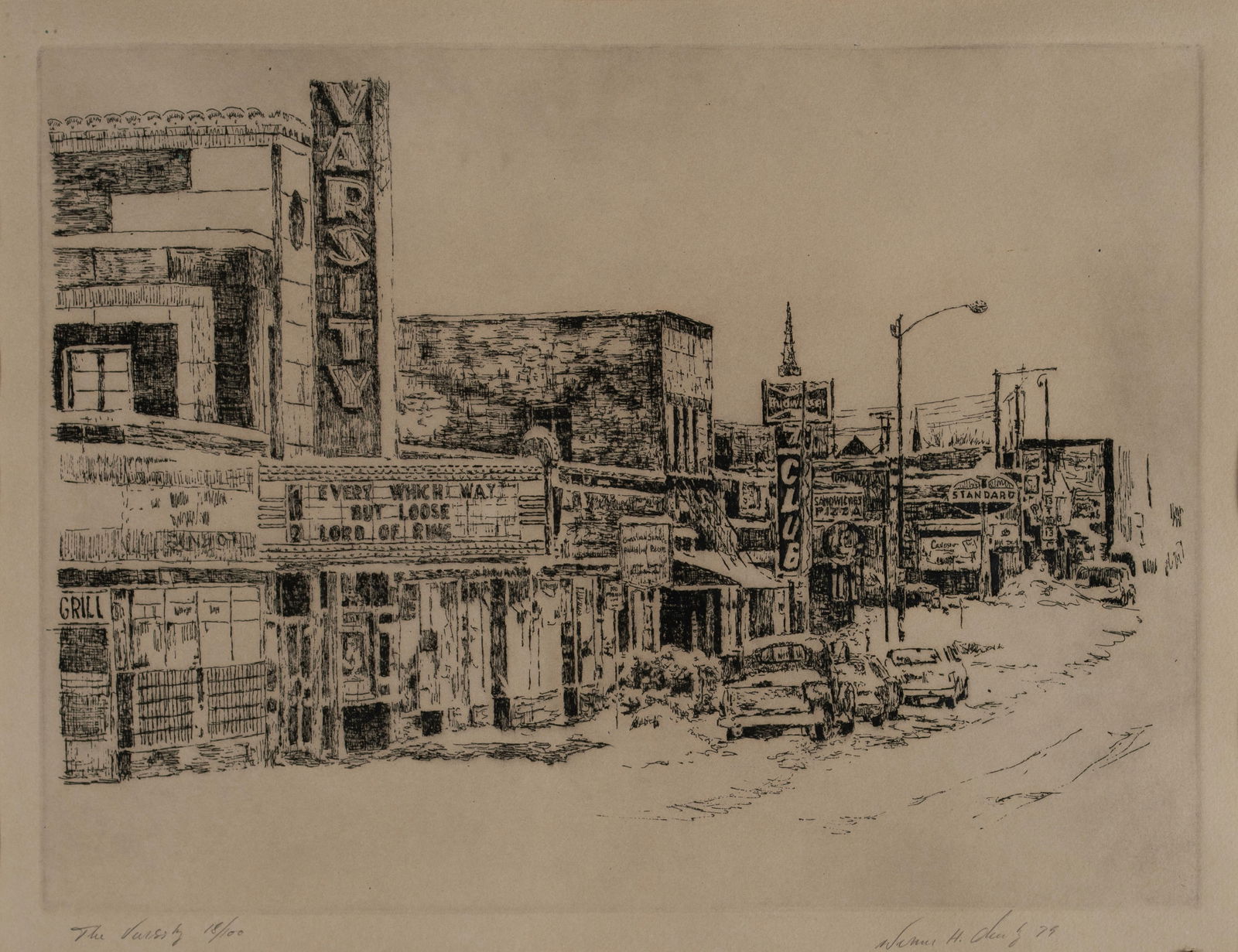 'THE VARSITY', ST LOUIS SIGNED ETCHING: 'THE VARSITY', ST LOUIS SIGNED ETCHING Titled in pencil and numbered 18/100 lower left, signed indistinctly and dated 79 lower right. Street scene in the Delmar Loop, matted and framed. 14 x 19 in.