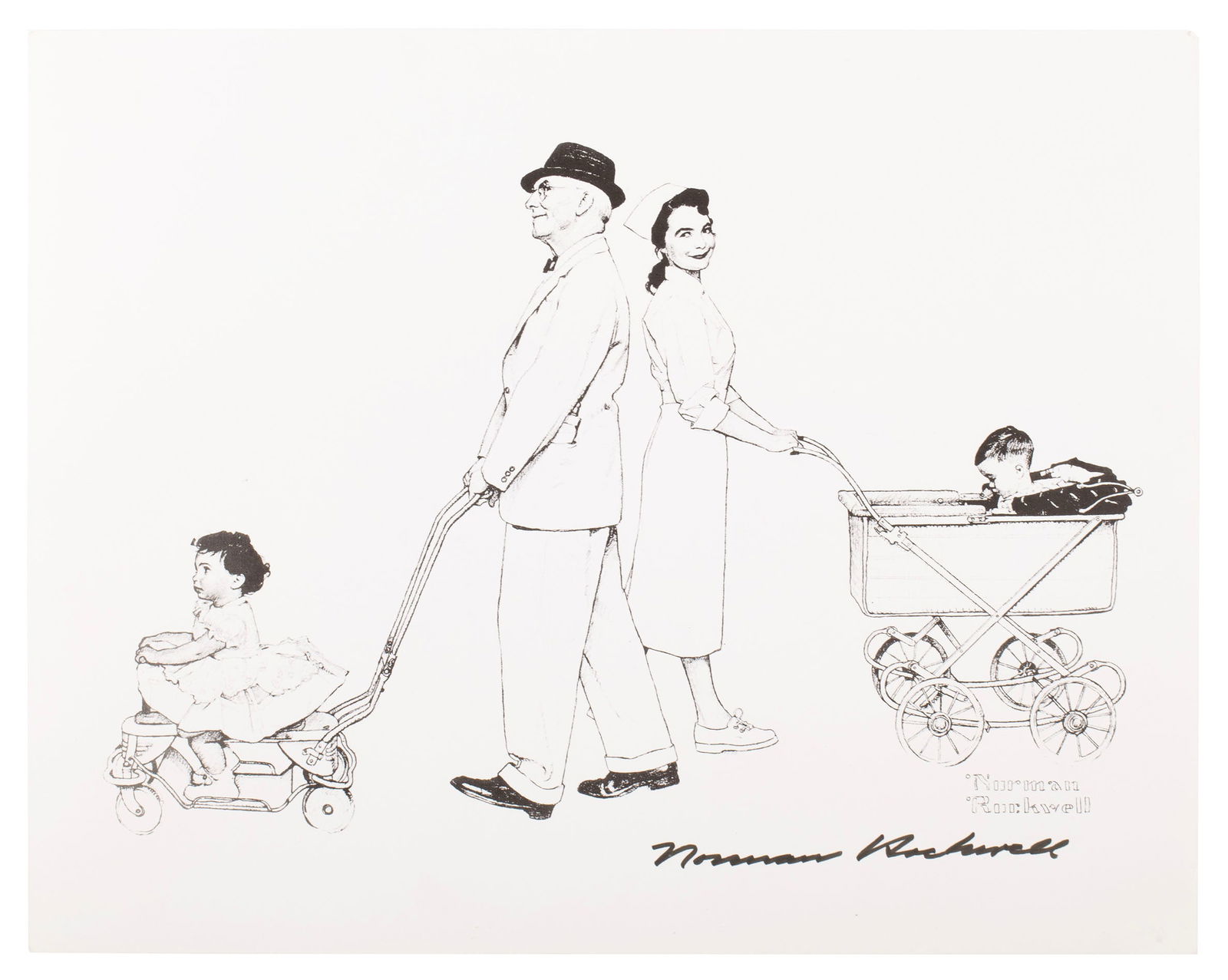 NORMAN ROCKWELL SIGNED PRINT: NORMAN ROCKWELL SIGNED PRINT Print of 'Grandfather Wheeling Baby', signed in marker lower right. Unframed. 11 x 14 in. (27.9 x 35.6 cm.)