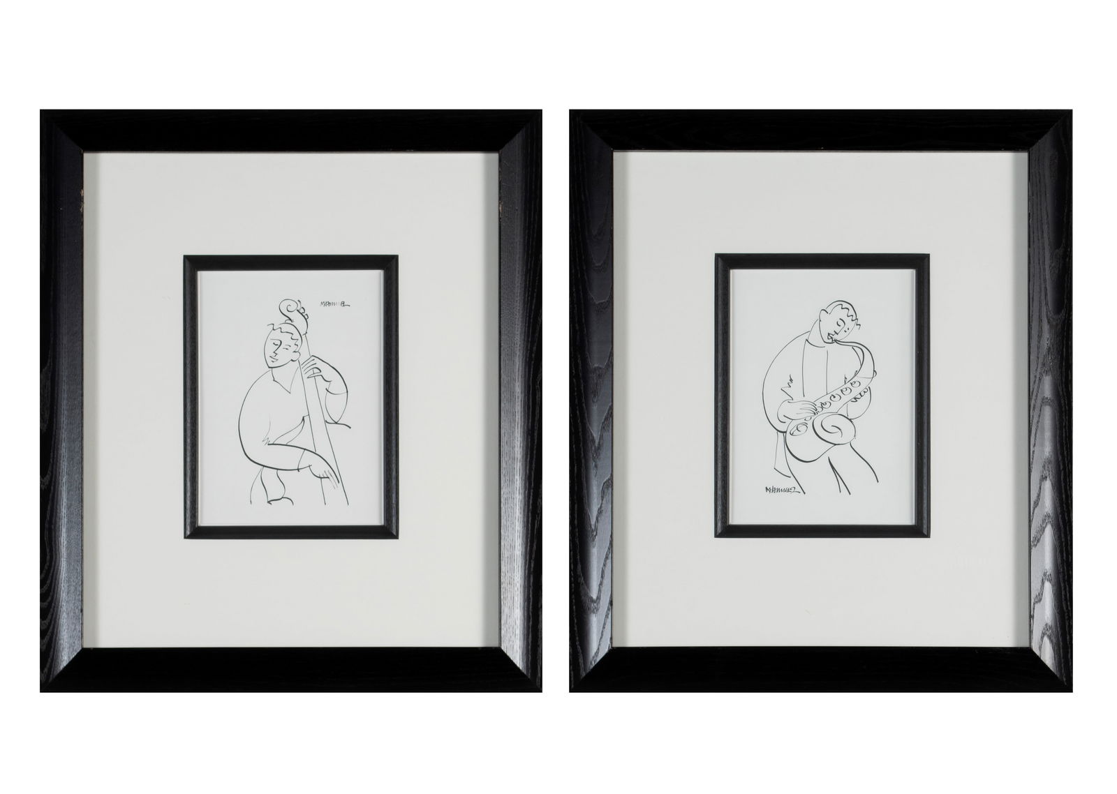 MARSHA HAMMEL (AMERICAN, B. 1949): Marsha Hammel American, b. 1949 Two Works Pen and ink Both signed. Saxophone player and bass player, matted and framed. 11 x 8 in. (27.9 x 20.3 cm.), Frame: 25 1/4 x 21 3/4 in. (64.1 x 55.2 cm.)