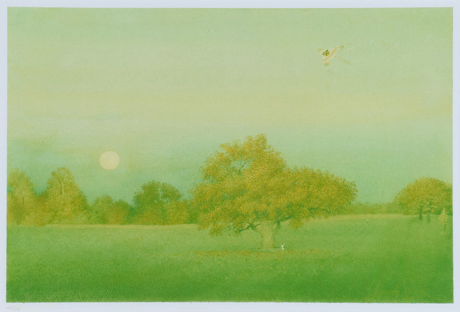 LITHOGRAPH, GIRL WITH KITE: LITHOGRAPH, GIRL WITH KITE Signed illegibly in print lower right, editioned in pencil 6/500 lower left. Two figures flying a kite in a field, matted and framed. Sight: 13 x 19 1/2 in. (33 x 49.5