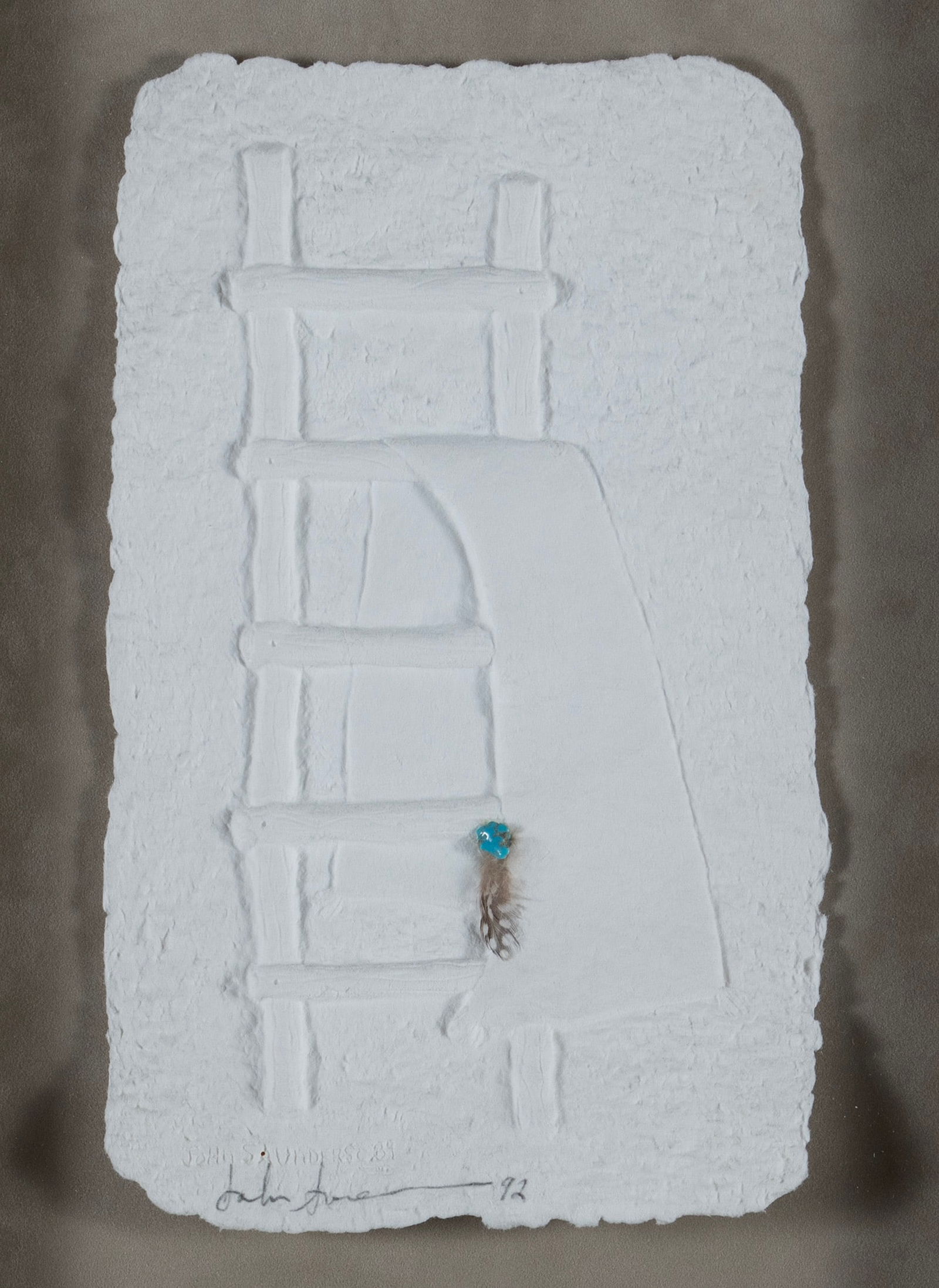 JOHN SAUNDERS (AMERICAN, 20TH C.): John Saunders American, 20th c. Paper with applied turquoise and feather Impressed signature and date, with pencil signature and date along lower edge. Framed. 9 x 5 1/2 in. (22.9 x 14 cm.), Frame: