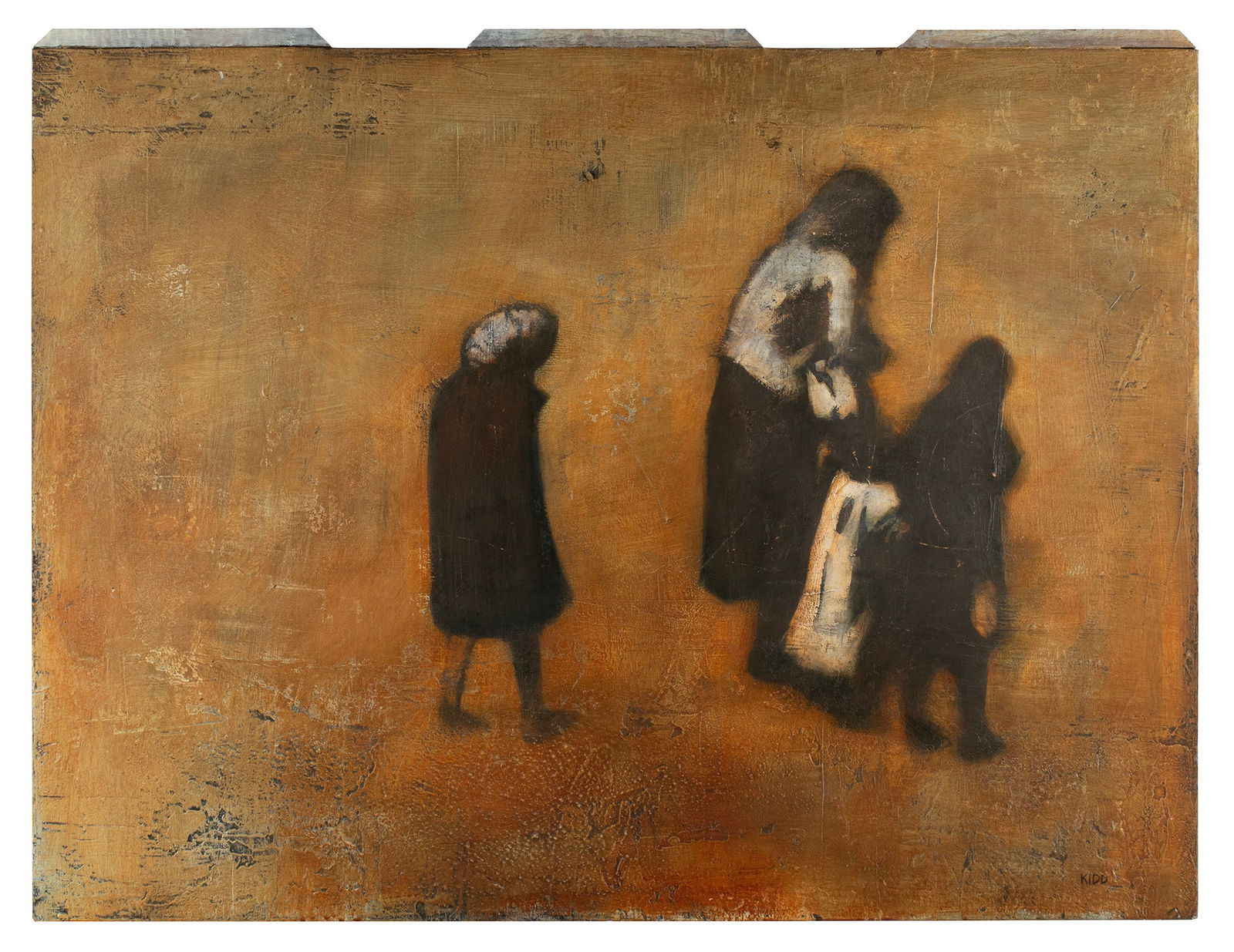 DAVID KIDD (AMERICAN, 20TH/21ST C.): David Kidd American, 20th/21st c. Oil on board Signed lower right and to verso. Four figures walking against a yellow/brown background, unframed. 26 x 48 in. (66 x 121.9 cm.), Frame: 37 x 48 in. (94