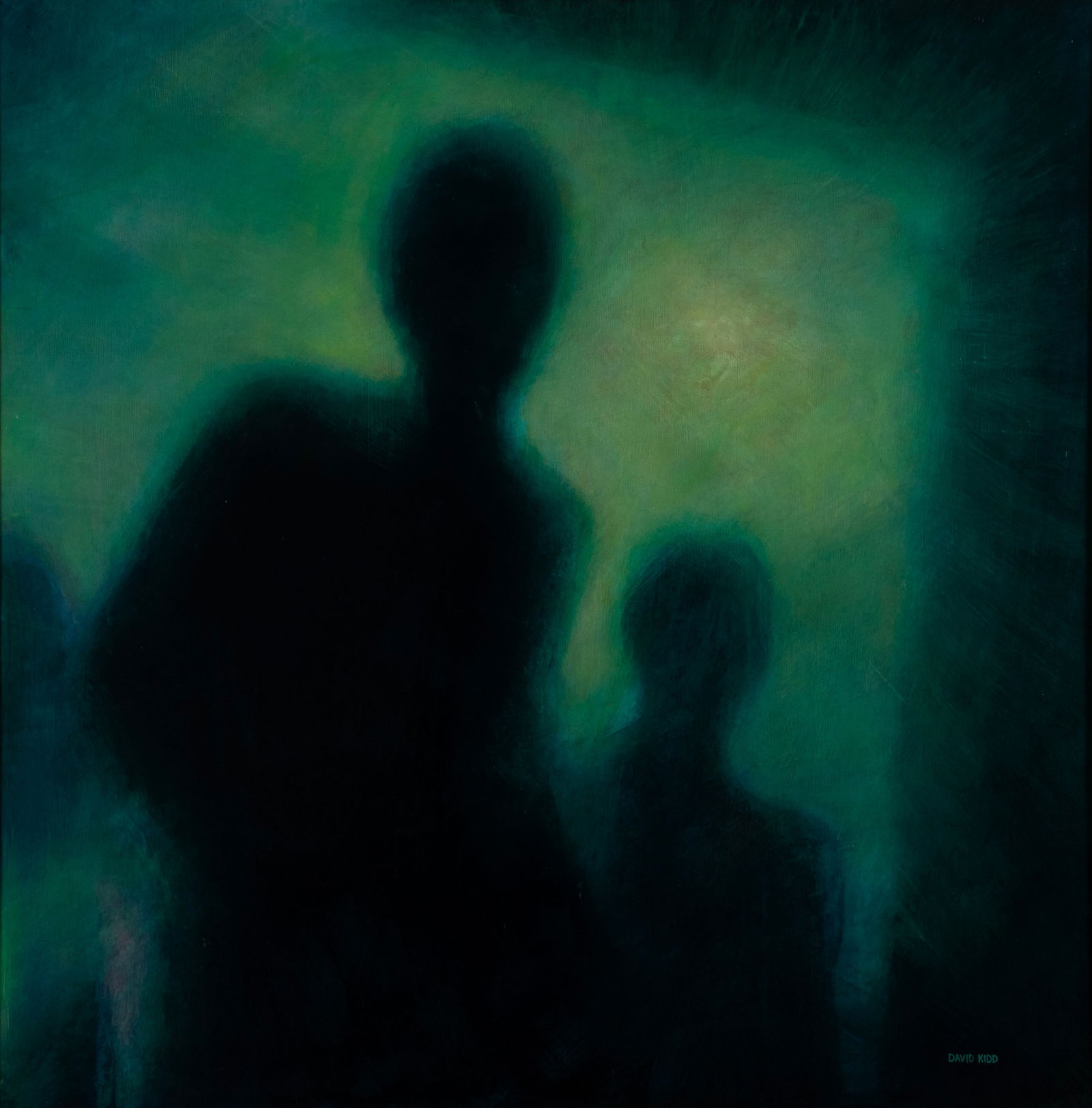 DAVID KIDD (AMERICAN, 20TH/21ST C.): David Kidd American, 20th/21st c. The Somnambulists Acrylic on board Signed lower right. Two shadowy backlit figures, framed. 47 1/2 x 47 1/2 in. (120.7 x 120.7 cm.), Frame: 49 1/2 x 49 1/2 in.