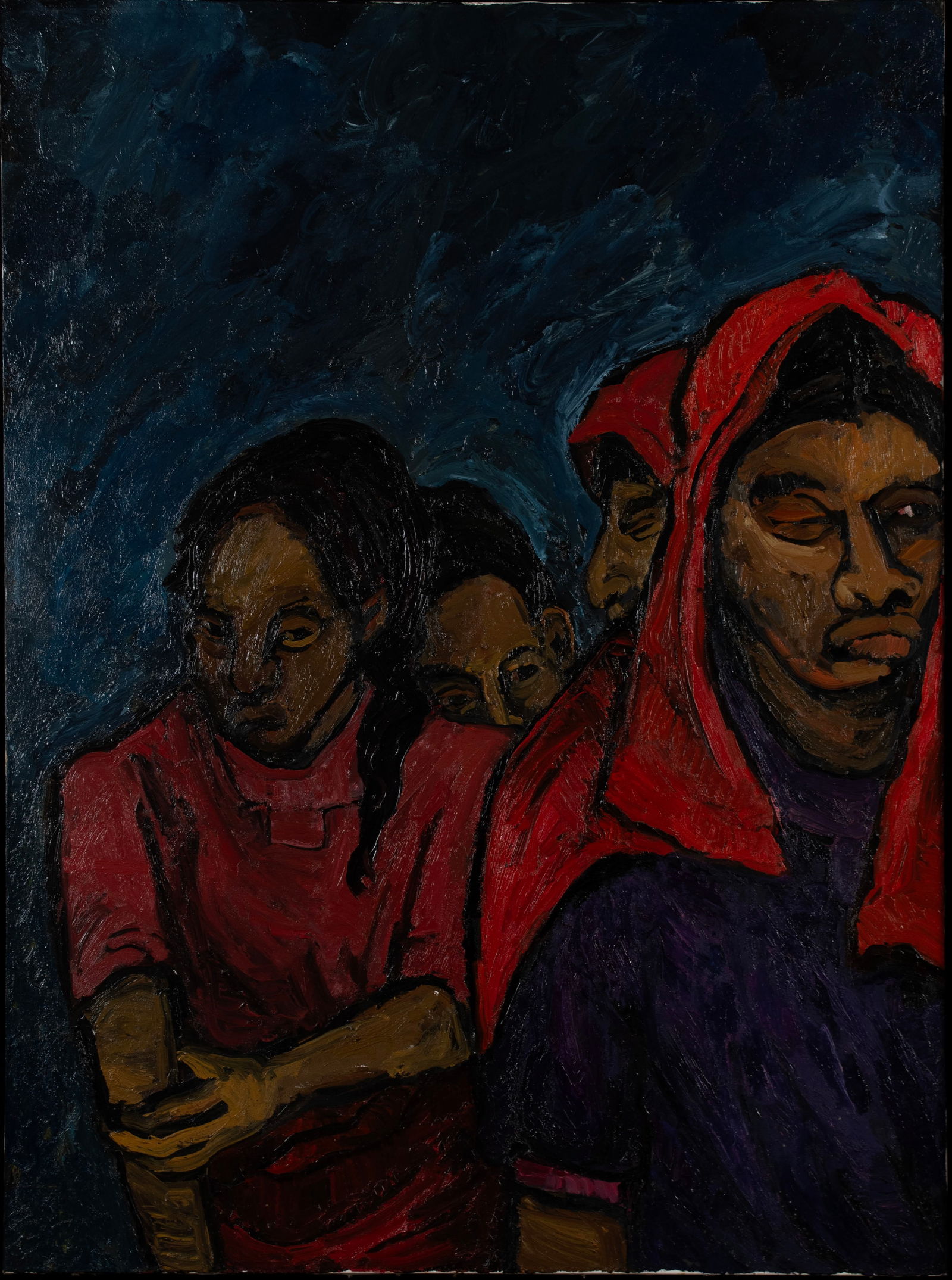 FRANCESKA SCHIFRIN (AMERICAN, 20TH/21ST C.): Franceska Schifrin American, 20th/21st c. Oil on canvas Signed to verso. Multiple figures on blue background, Larson Juhl frame. 52 x 38 in. (132.1 x 96.5 cm.), Frame: 55 1/2 x 41 1/2 in. (141 x