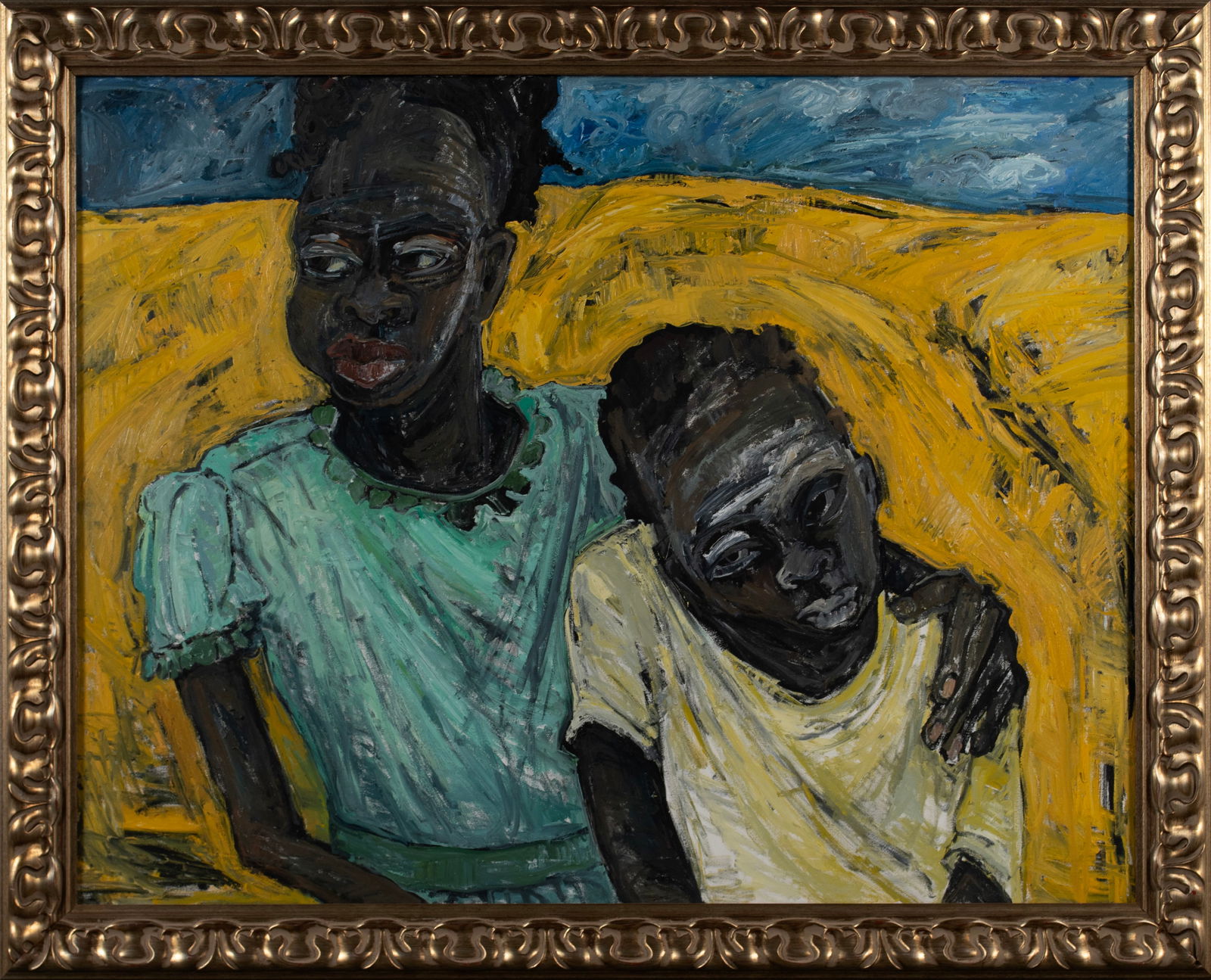 FRANCESKA SCHIFRIN (AMERICAN, 20TH/21ST C.): Franceska Schifrin American, 20th/21st c. Oil on canvas Signed and dated 1992 to verso. Two seated figures on yellow background, gilt framed. 37 1/2 x 47 1/2 in. (95.3 x 120.7 cm.), Frame: 44 1/4 x