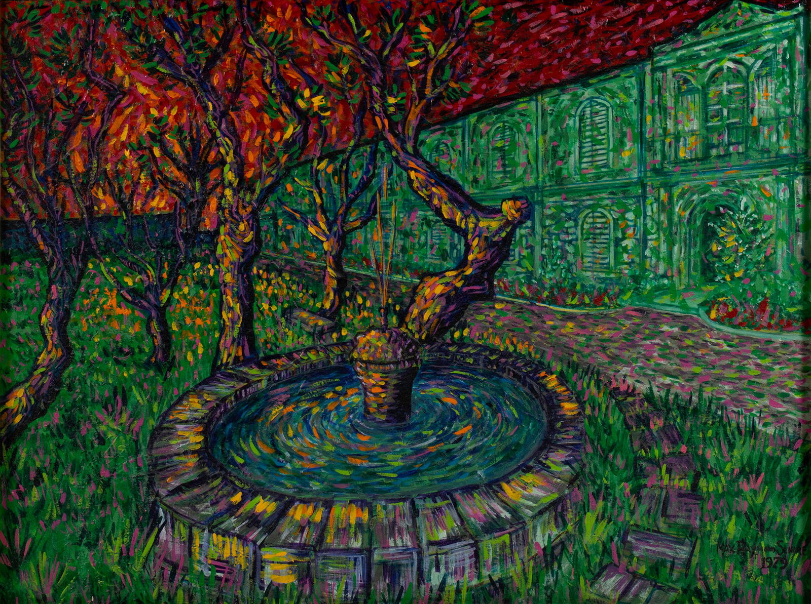 MAX SCHARF (AMERICAN (MISSOURI), 1933-2009): Max Scharf American (Missouri), 1933-2009 Tribute to Van Gogh Oil on canvas Signed and dated 1979 lower right. Evening courtyard garden scene, framed. Max Scharf was born in St. Louis, Missouri in