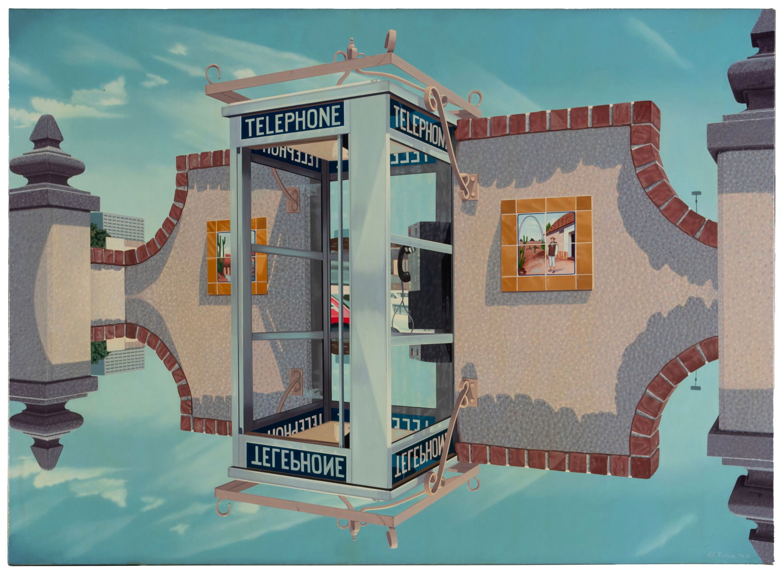 ROBERT FORBES (AMERICAN (MISSOURI), B. 1948): Robert Forbes American (Missouri), b. 1948 Calling Up Oil on canvas Signed and dated '94 lower right, label on verso, unframed. Surrealist scene with telephone booth, unframed. 27 x 37 1/2 in. (68.6