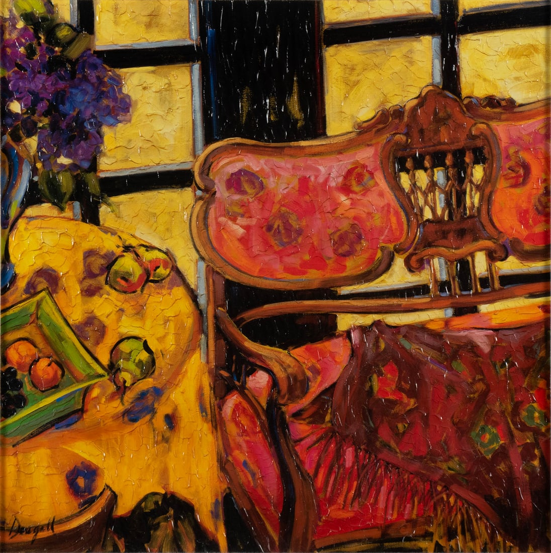 JAE DOUGALL (PHILIPPINES, B. 1956): Jae Dougall Philippines, b. 1956 Manton de Manila on Settee Oil on board Signed lower left. Still life with red settee, matted and gilt framed. 26 1/2 x 26 1/2 in. (67.3 x 67.3 cm.), Frame: 34 1/2 x