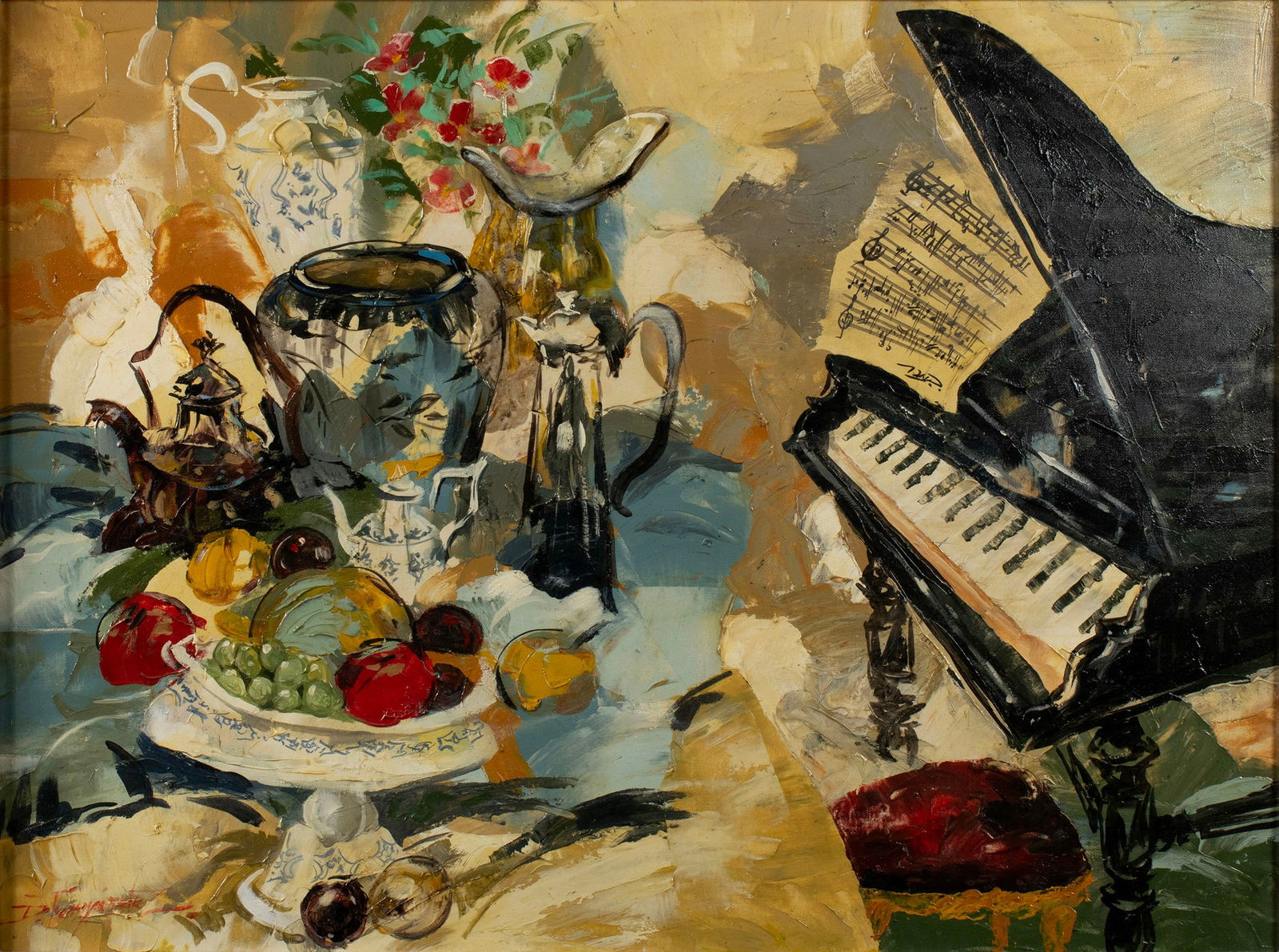 STILL LIFE WITH PIANO: STILL LIFE WITH PIANO Oil on canvas, signed illegibly lower left. Still life showing table with fruit bowl, vases, coffee pots, and flowers with grand piano to right, gilt framed. 30 x 40 in. (76.2 x