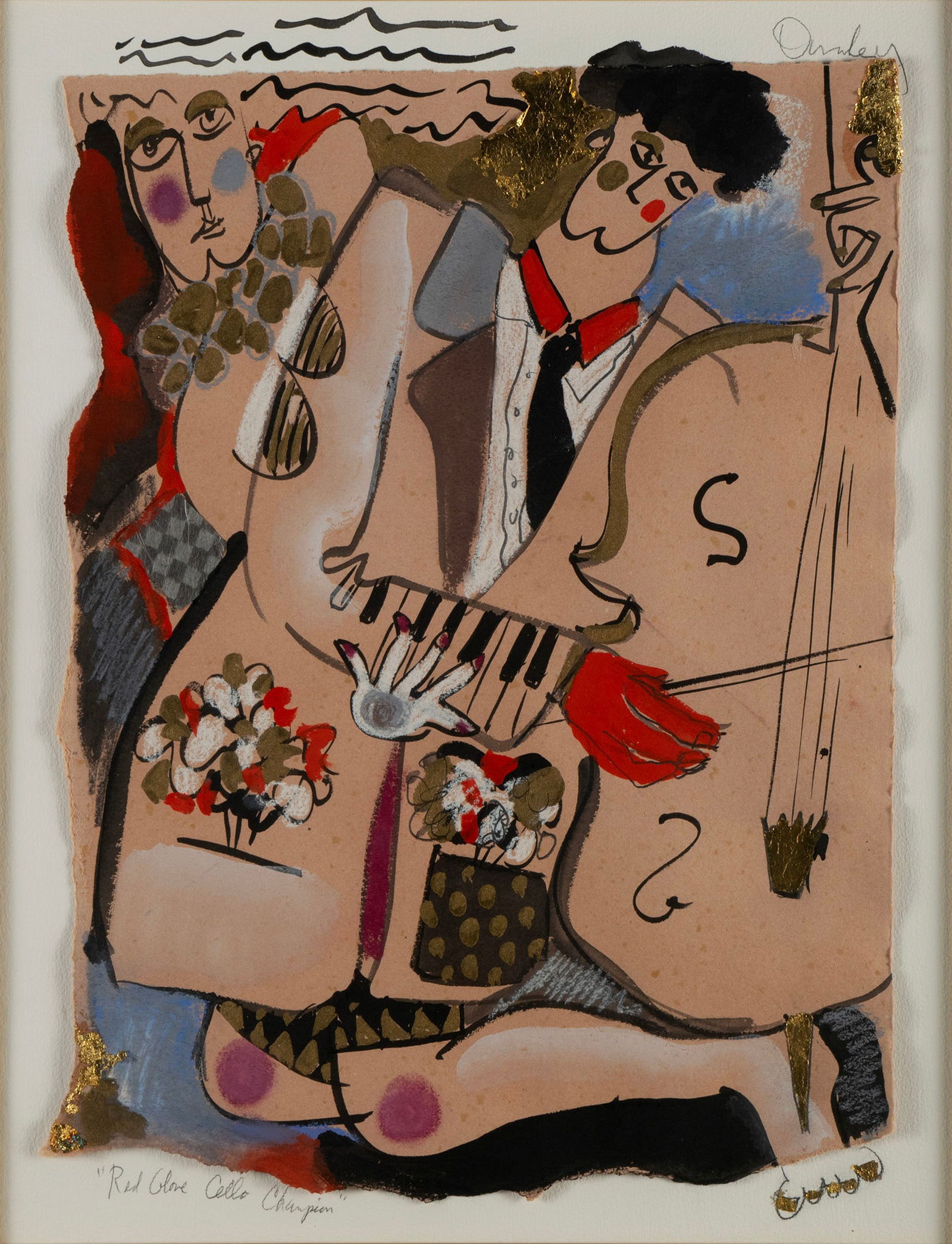 MIXED MEDIA SCENE OF A CELLIST: MIXED MEDIA SCENE OF A CELLIST 20th century, titled 'Red Glove Cello Champion' in pencil lower left and signed 'Ormley' upper right. Matted and framed. 26 x 20 in. (66 x 50.8 cm.), Frame: 41 x 34 1/2