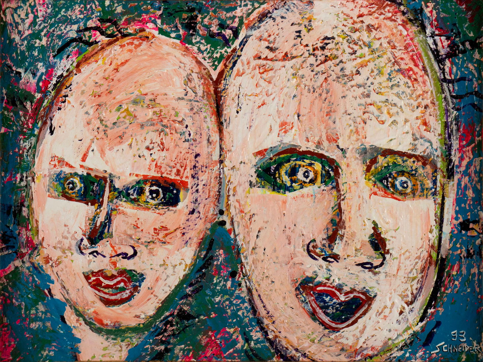 CRAIG SCHNEIDER (AMERICAN, 20TH C.): Craig Schneider American, 20th c. Miracle of Love Acrylic on board Signed and dated 93 lower right. Two heads against an abstract background, framed. 17 1/2 x 23 1/2 in. (44.5 x 59.7 cm.), Frame: 25