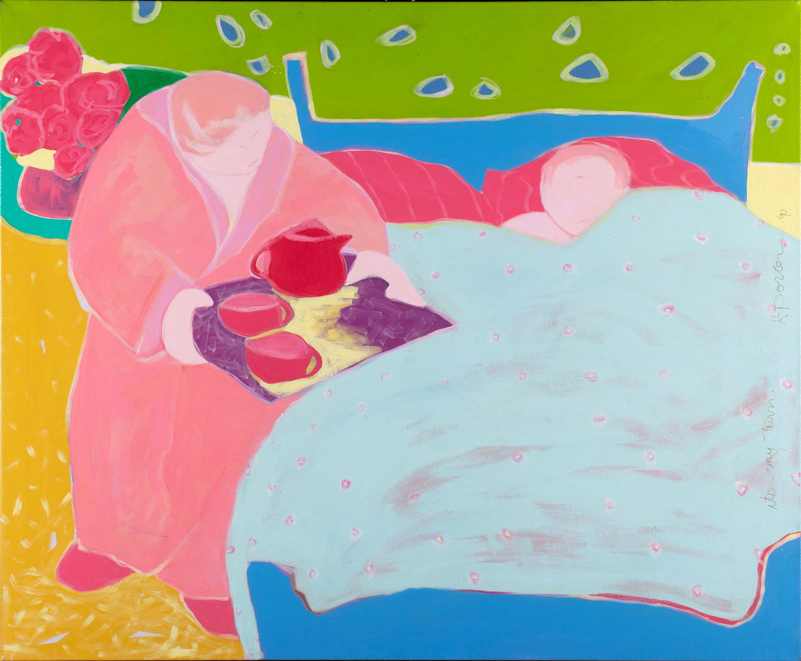 KATHERINE PORTER (CANADA, 20TH/21ST C.): Katherine Porter Canada, 20th/21st c. It's My Turn Acrylic on canvas Signed and titled along the right side. Figure in bed with another serving tea, framed. 40 x 48 in. (101.6 x 121.9 cm.), Frame: 41
