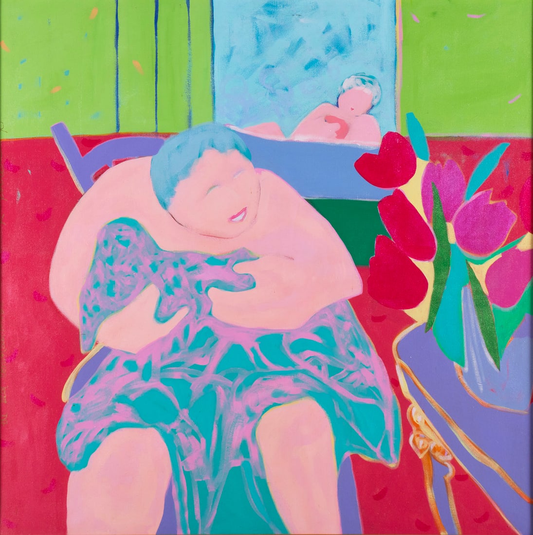 KATHERINE PORTER (CANADA, 20TH/21ST C.): Katherine Porter Canada, 20th/21st c. The Best Conversations Acrylic on canvas Signed, dated 90, and titled along left edge. Colorful scene of two bathers, framed. 36 x 36 in. (91.4 x 91.4 cm.),