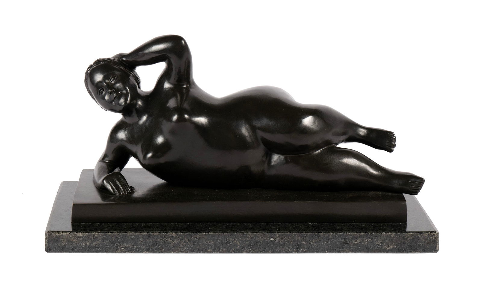 BRONZE RECLINING WOMAN AFTER BOTERO: BRONZE RECLINING WOMAN AFTER BOTEROSigned and dated 2006, numbered V/L, with Italy foundry mark, on marble base.8 x 14 1/2 x 7 in. (20.3 x 36.8 x 17.8 cm.)