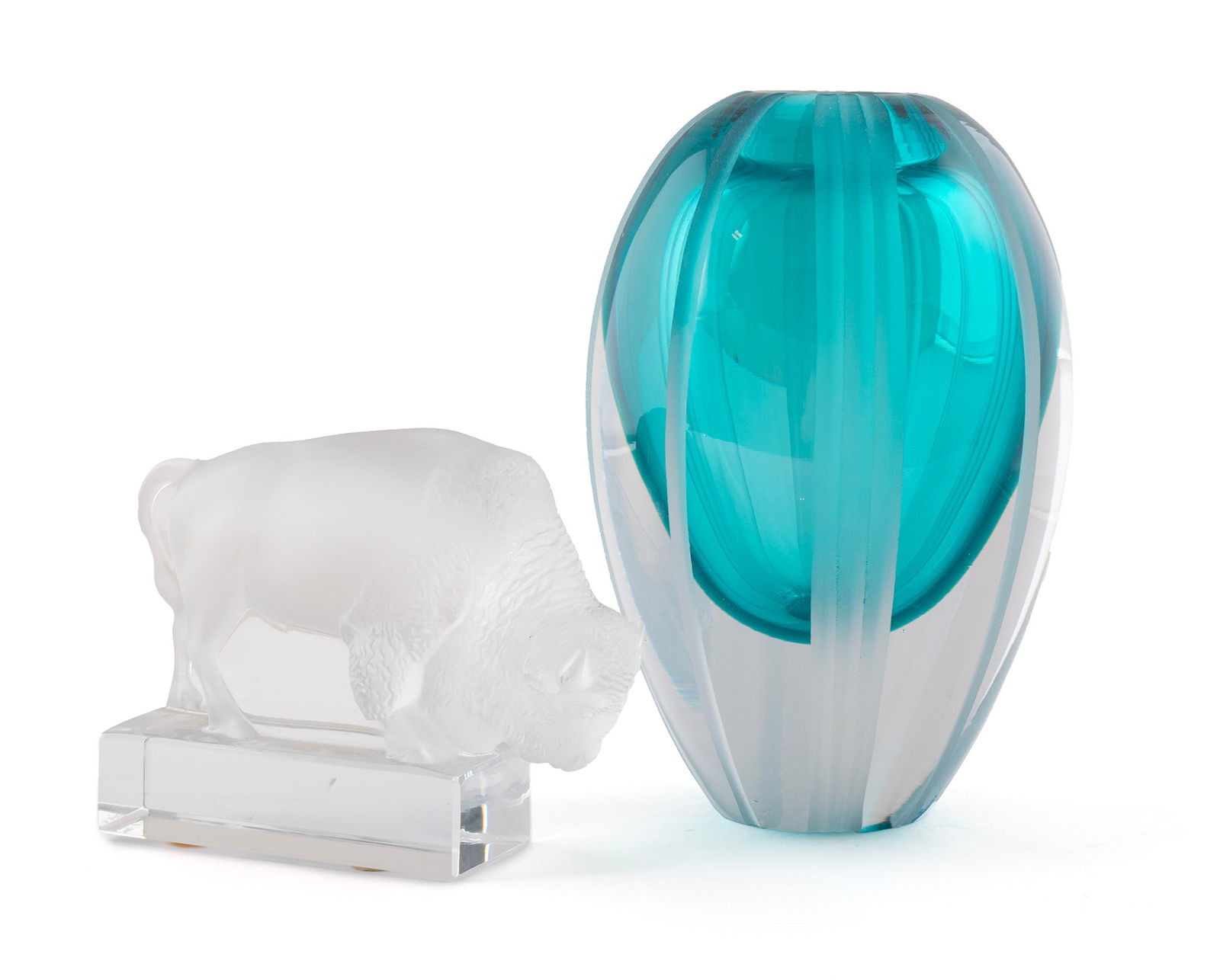 TWO ART GLASS ITEMS: TWO ART GLASS ITEMS Lalique bison figure and an Evolution glass vase by Waterford, both marked. Taller: 6 3/4 in. (17.1 cm.)