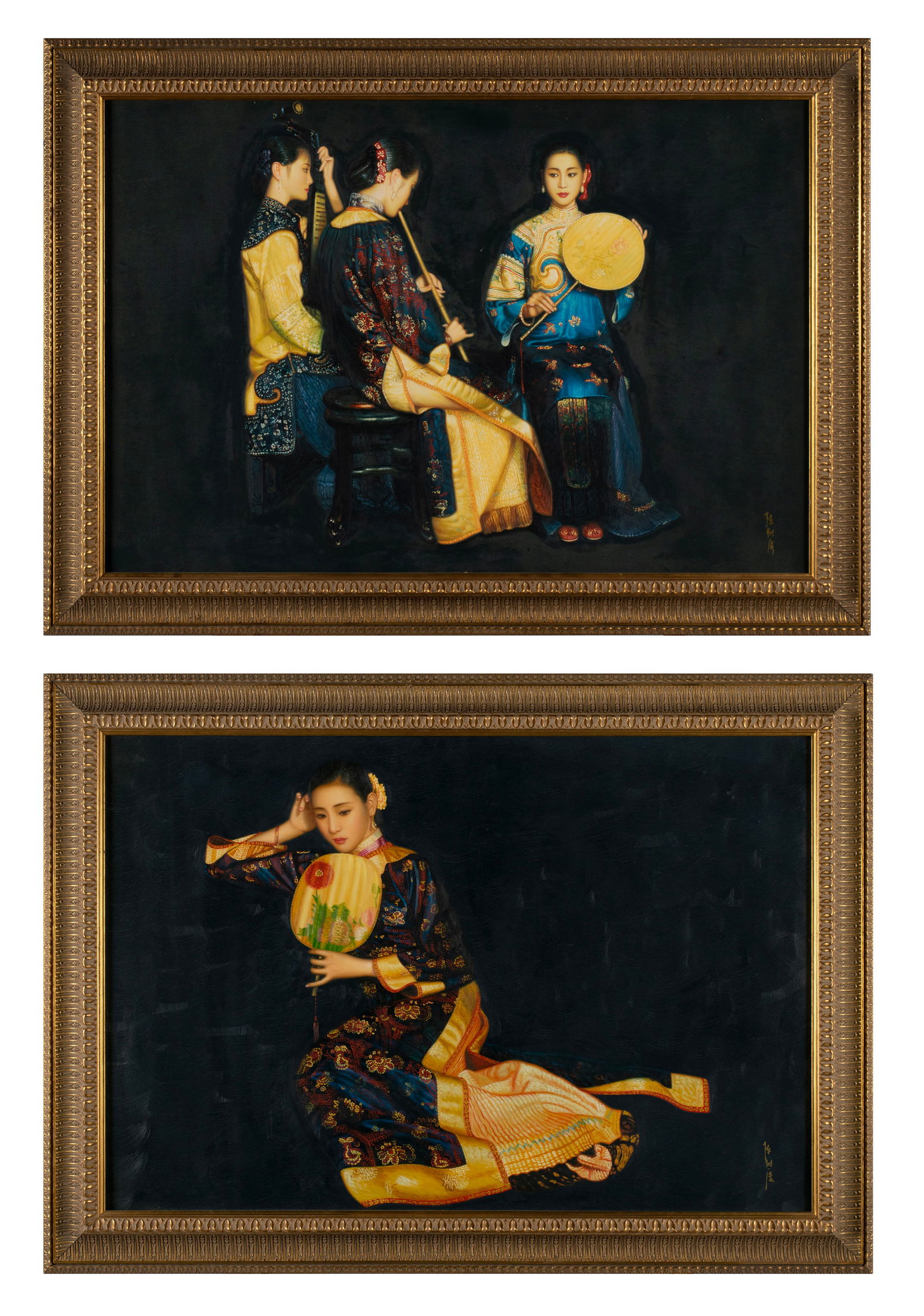 AFTER CHEN YIFEI (CHINESE, 1946-2005): AFTER CHEN YIFEI (CHINESE, 1946-2005) Embellished giclee with oil, signed lower right. One titled Lingering Melodies from the Xunyang River showing a group of three female musicians, the other a