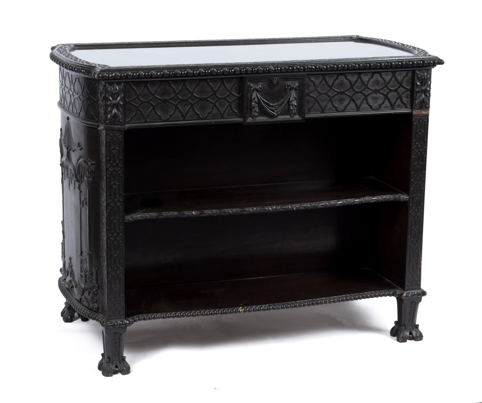 CHINESE GLASS TOP DISPLAY CABINET: CHINESE GLASS TOP DISPLAY CABINET Chinese, 19th/20th century. The glass top with fretwork crossbanding, opens to shallow display, with similar all-around fretwork frieze centering festoons to each