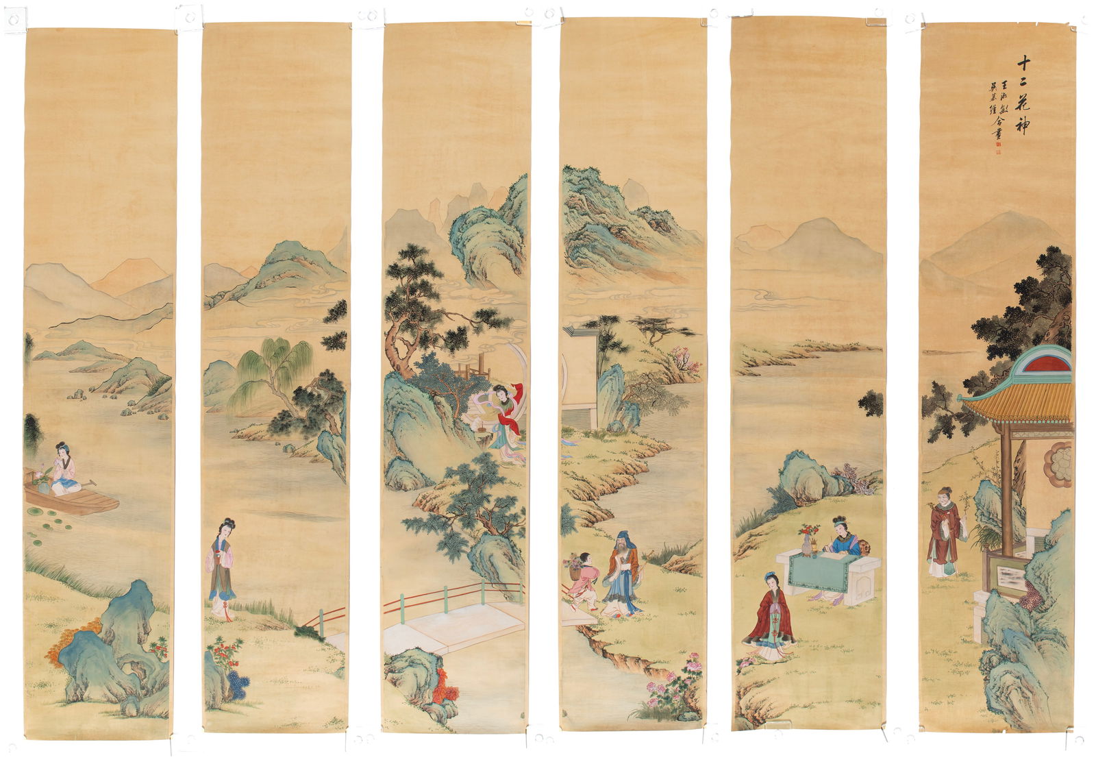 CHINESE HAND PAINTED WALLPAPER PANELS (11): CHINESE HAND PAINTED WALLPAPER PANELS (11) 20th century. Eleven (11) panels with a continuous scene of figures in a mountain landscape, with script and seals in the upper center of one panel. Each