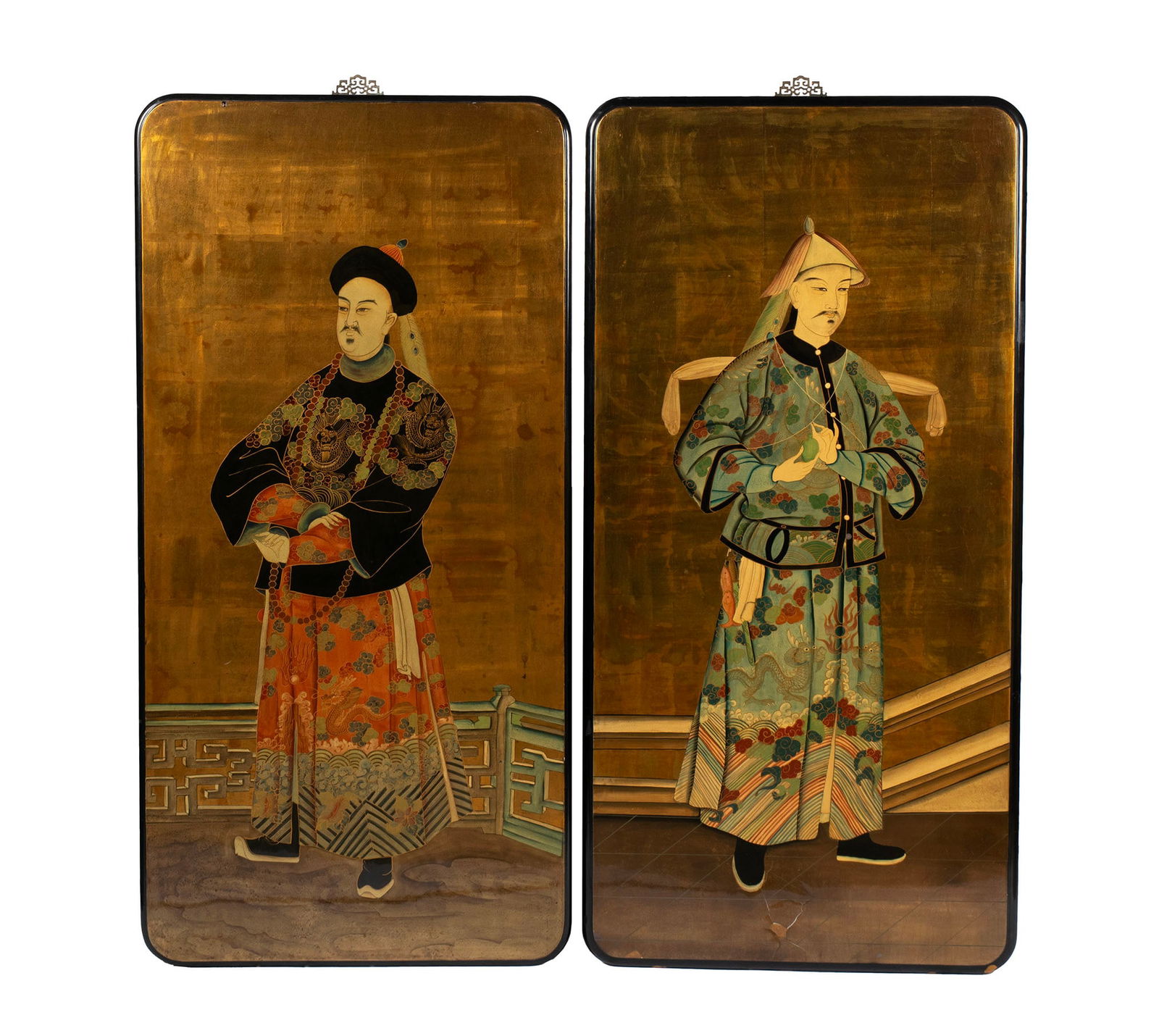 TWO LACQUERED PORTRAIT PANELS OF CHINESE GENERALS: TWO LACQUERED PORTRAIT PANELS OF CHINESE GENERALS 20th century. Formal full-length portraits to an interior setting with golden backgrounds. 61 1/2 x 29 1/2 in. (156.2 x 74.9 cm.)