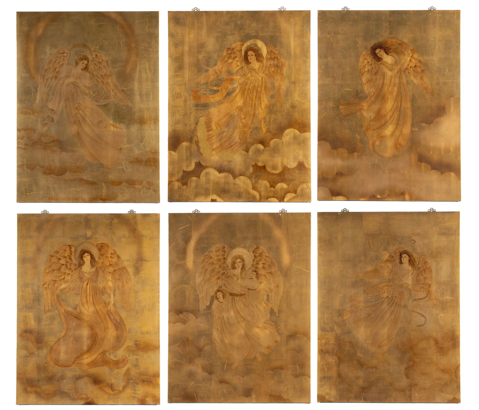 SET OF SIX LACQUERED WALL HANGINGS: SET OF SIX LACQUERED WALL HANGINGS Chinese, 20th century. Each showing an angelic figure again the golden background. 48 x 36 in. (121.9 x 91.4 cm.)